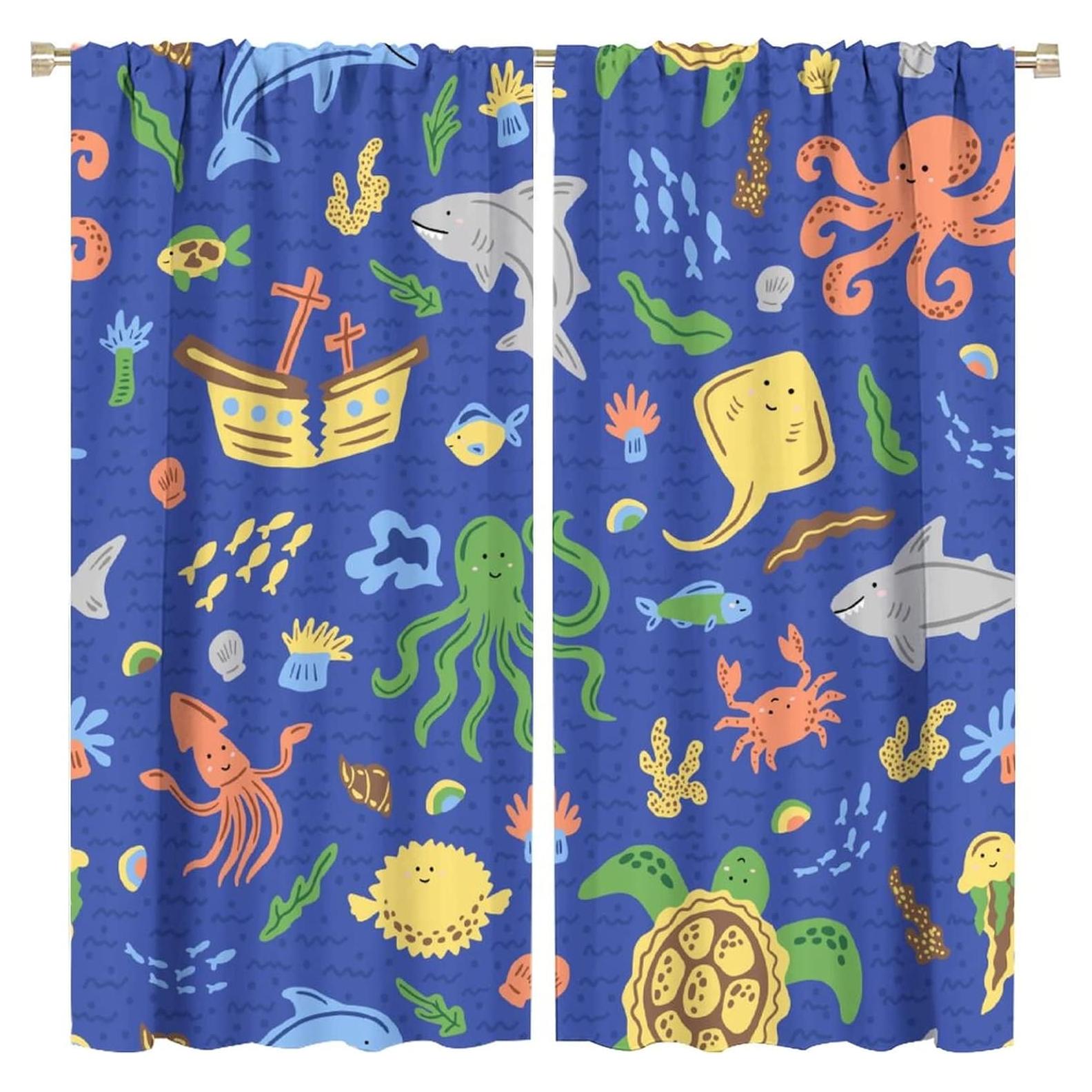 Ocean Fish Blackout Curtains Colorful Cartoon Sea Animal Cute Ocean Creature Art Print for Kids Bedroom Nursery Living Room Decor Rod Pocket Window Drapes 2 Panels 42x45in