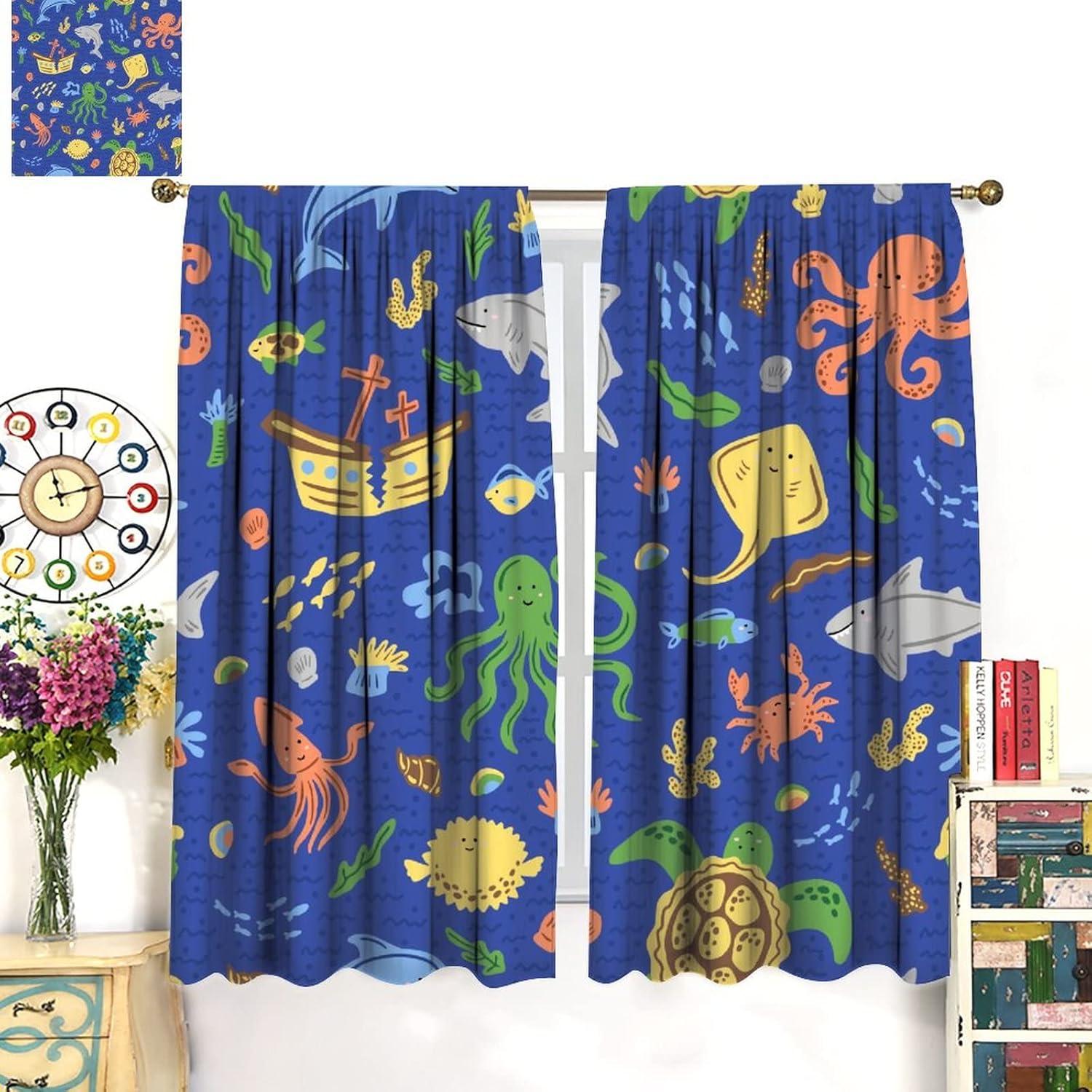 Ocean Fish Blackout Curtains Colorful Cartoon Sea Animal Cute Ocean Creature Art Print for Kids Bedroom Nursery Living Room Decor Rod Pocket Window Drapes 2 Panels 42x45in