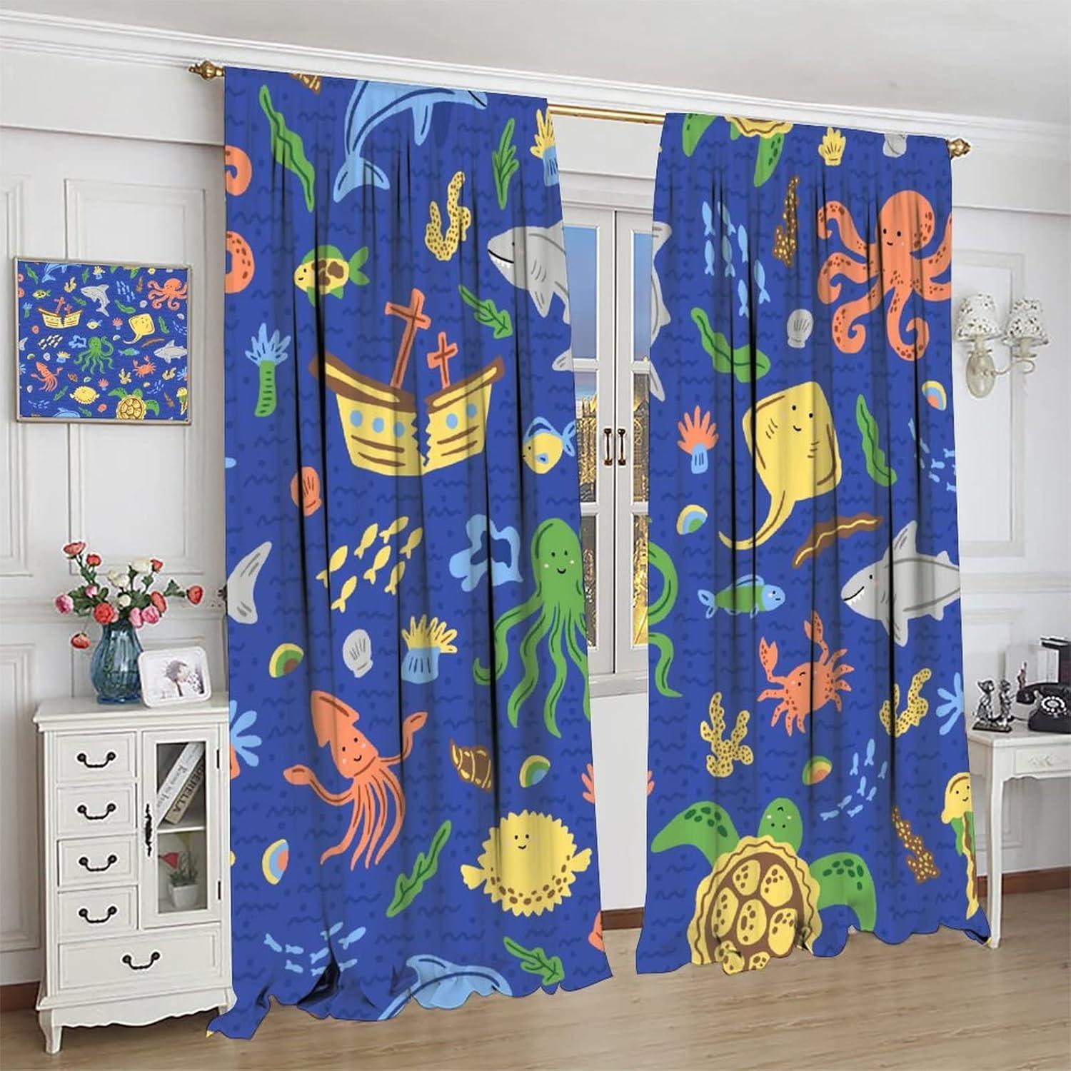 Ocean Fish Blackout Curtains Colorful Cartoon Sea Animal Cute Ocean Creature Art Print for Kids Bedroom Nursery Living Room Decor Rod Pocket Window Drapes 2 Panels 42x45in
