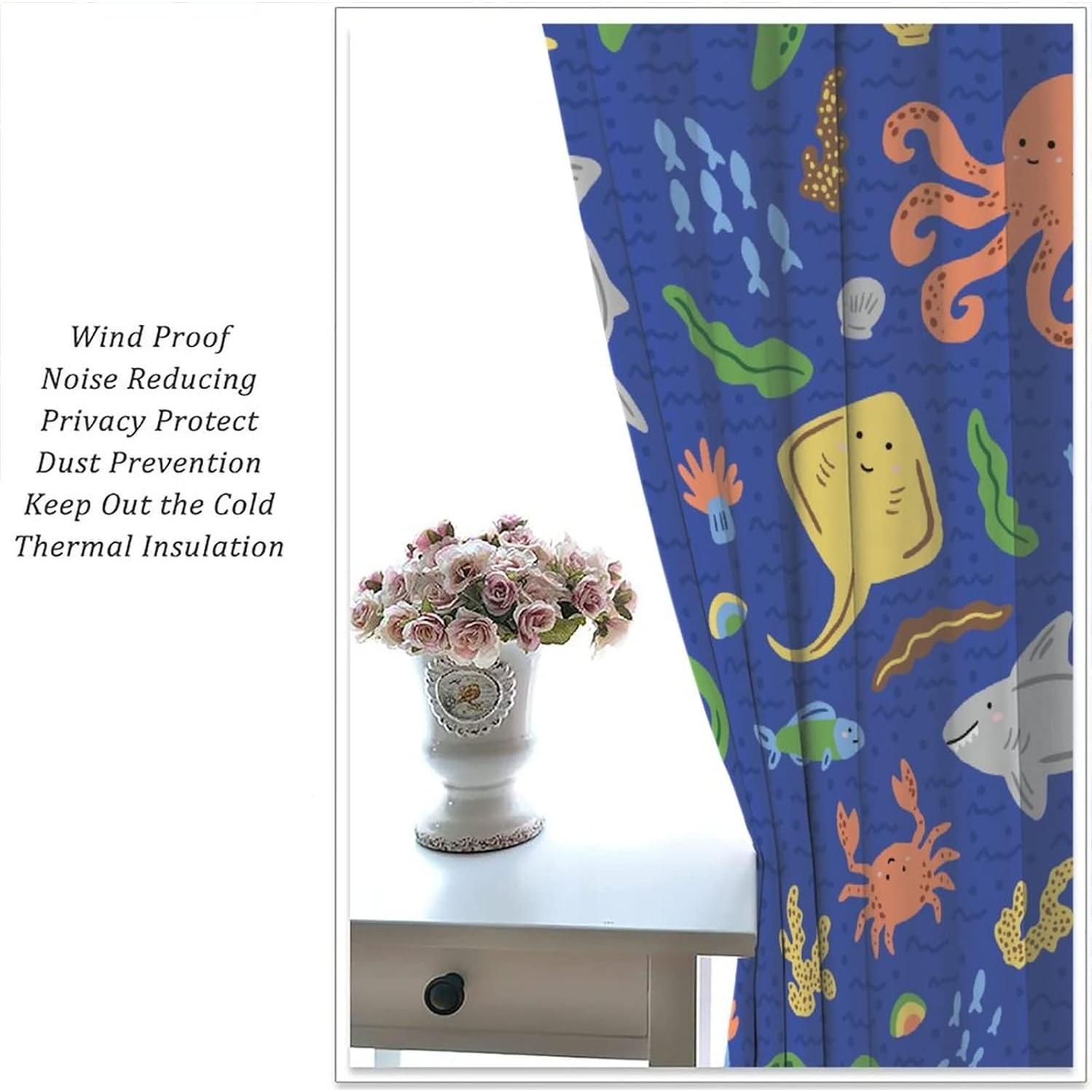 Ocean Fish Blackout Curtains Colorful Cartoon Sea Animal Cute Ocean Creature Art Print for Kids Bedroom Nursery Living Room Decor Rod Pocket Window Drapes 2 Panels 42x45in