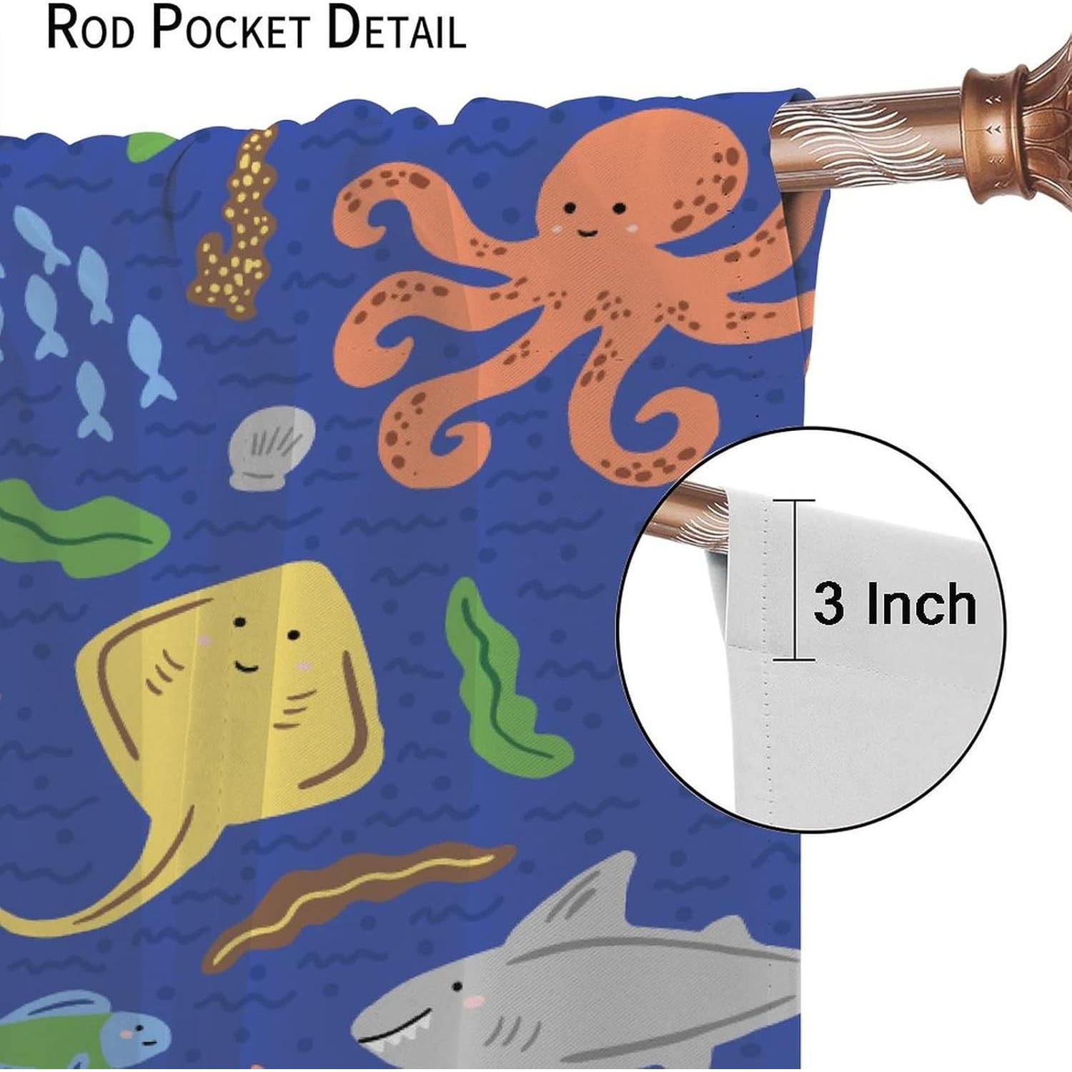 Ocean Fish Blackout Curtains Colorful Cartoon Sea Animal Cute Ocean Creature Art Print for Kids Bedroom Nursery Living Room Decor Rod Pocket Window Drapes 2 Panels 42x45in