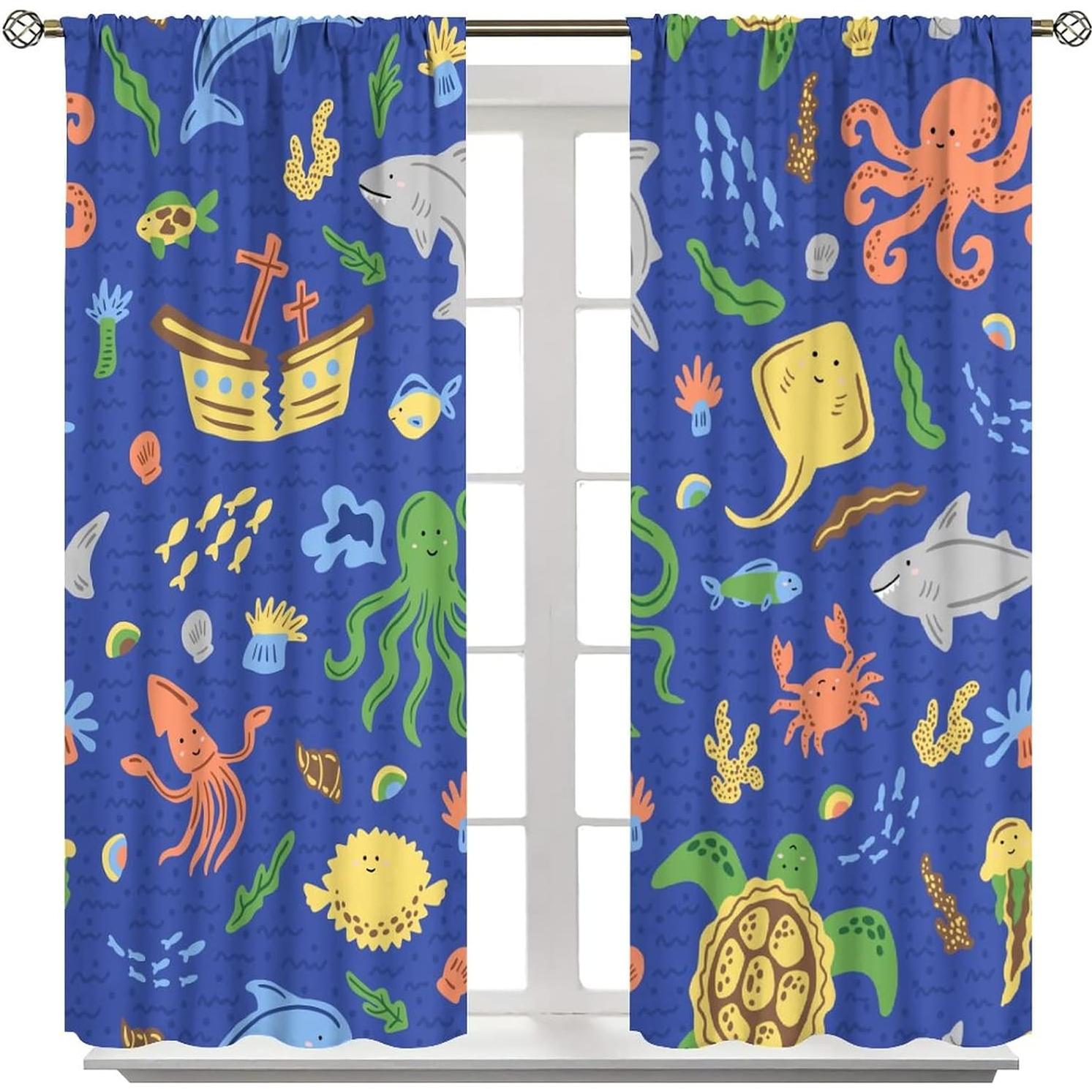 Ocean Fish Blackout Curtains Colorful Cartoon Sea Animal Cute Ocean Creature Art Print for Kids Bedroom Nursery Living Room Decor Rod Pocket Window Drapes 2 Panels 42x45in