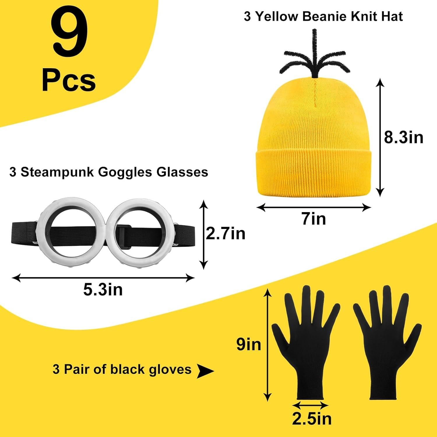 Conjunto de Disfraz 9PCS Gorro Amarillo Gafas Vintage Guantes
