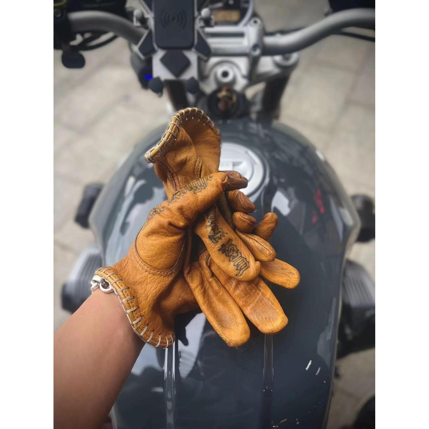 Guantes de motocicleta de cuero yak para hombres - Grande caqui retro