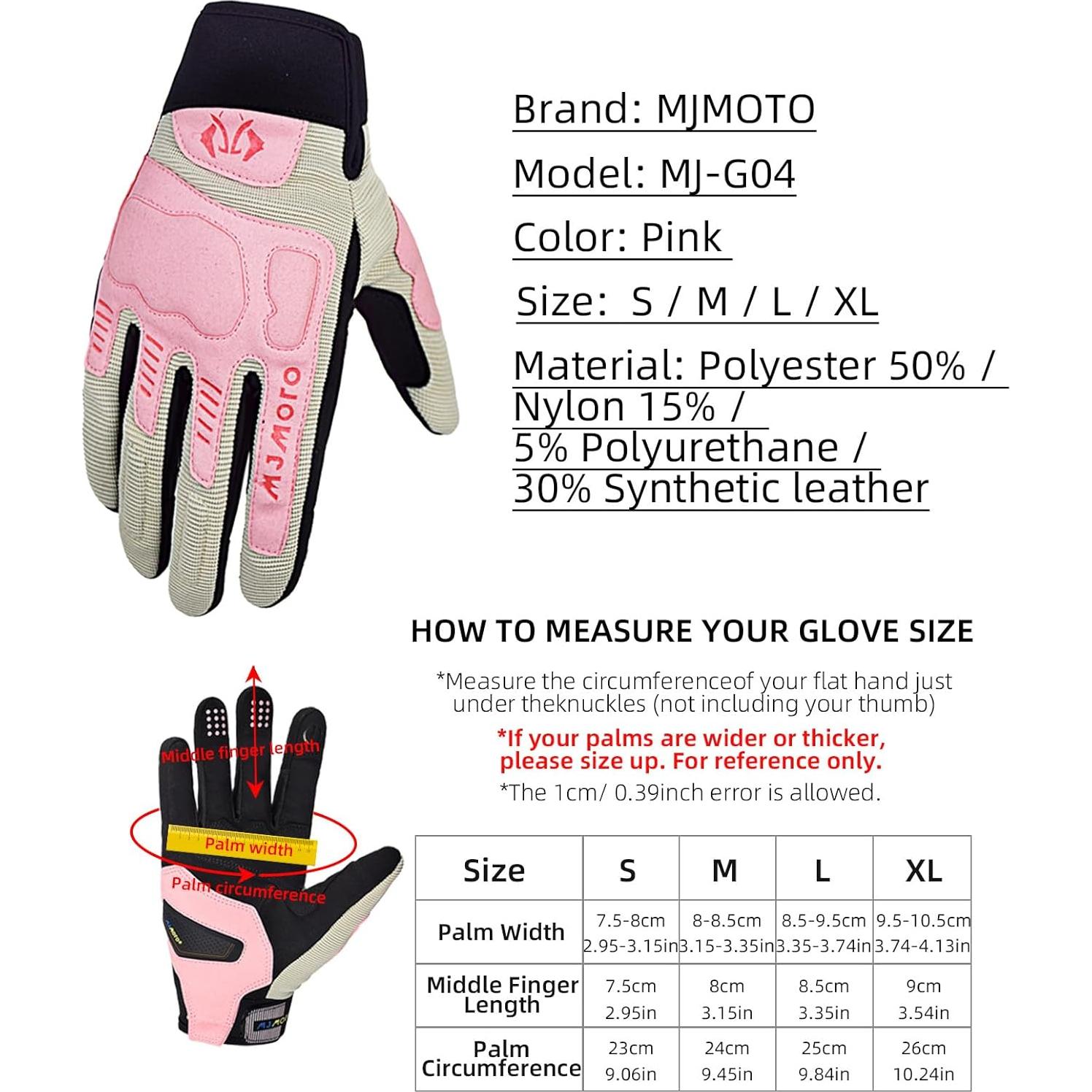 Guantes de Motocicleta MJMOTO Rosa Talla Pequeña Transpirables