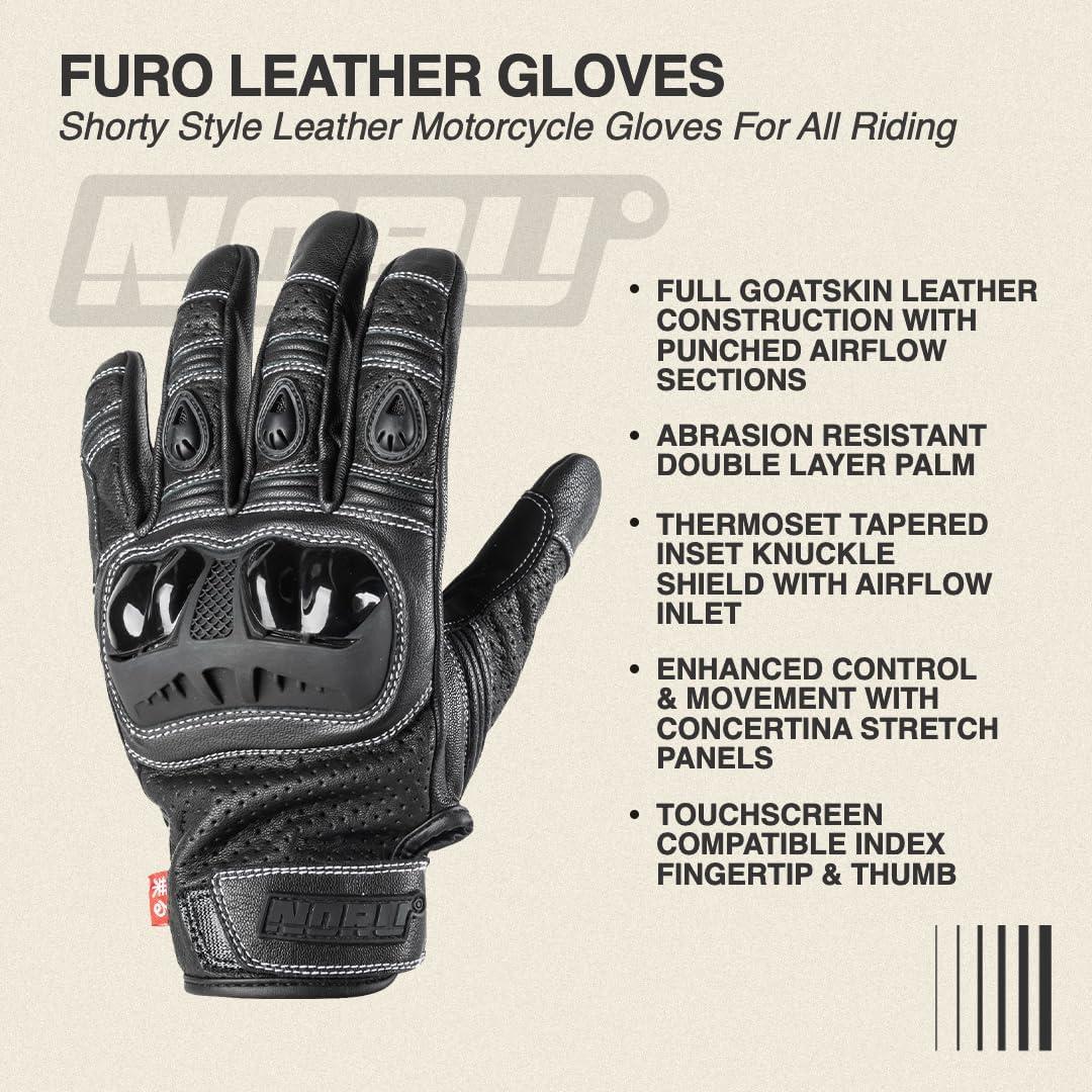 Guantes de Motocicleta Noru Furo de Cuero Negro - Talla X-Pequeño