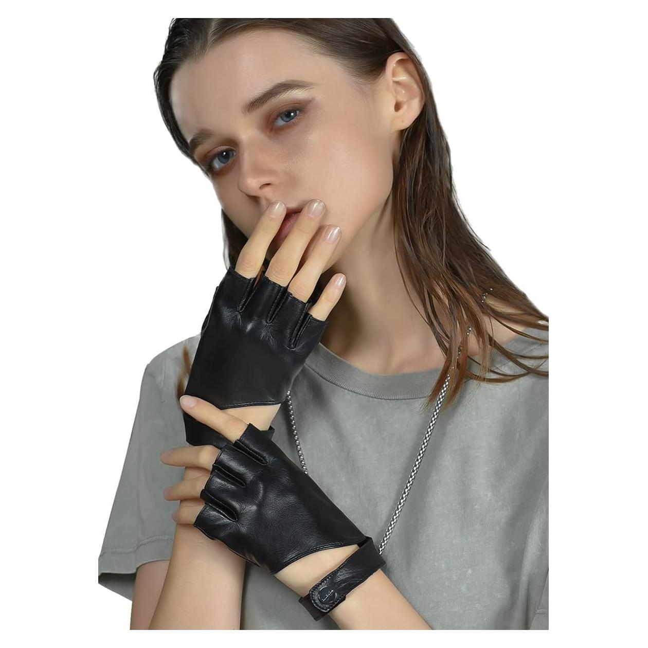 Guantes de Cuero Sin Dedos FIORETTO para Mujeres - Negro