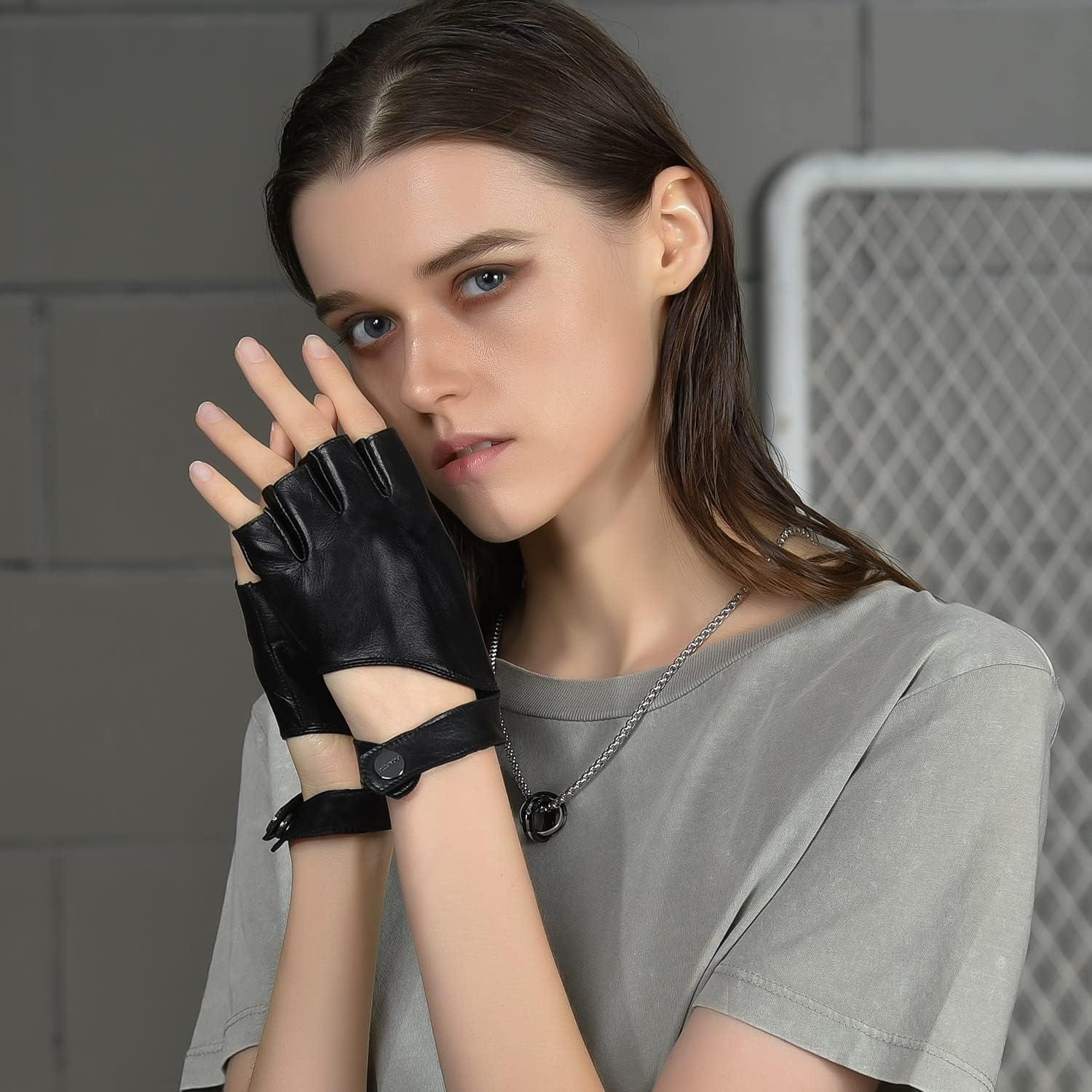 Guantes de Cuero Sin Dedos FIORETTO para Mujeres - Negro