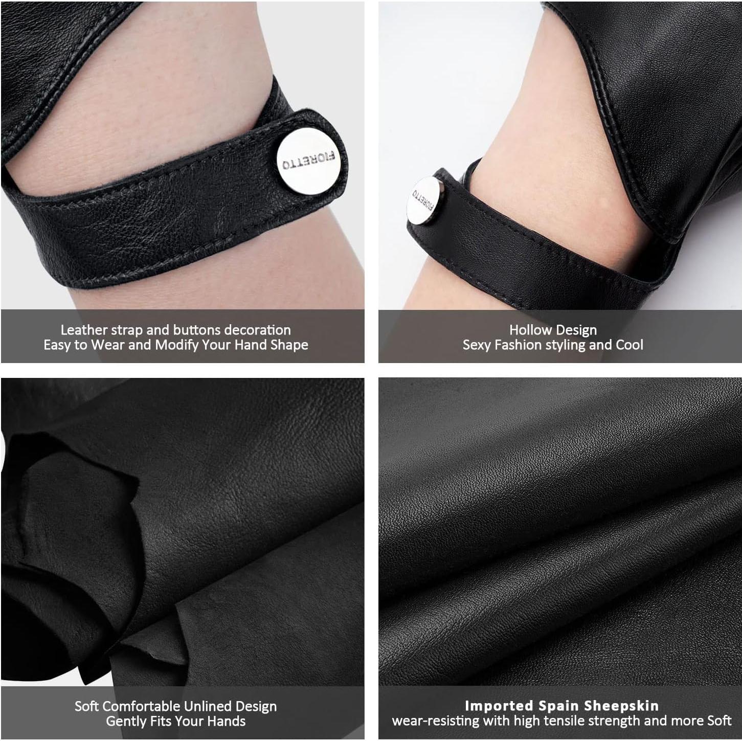 Guantes de Cuero Sin Dedos FIORETTO para Mujeres - Negro