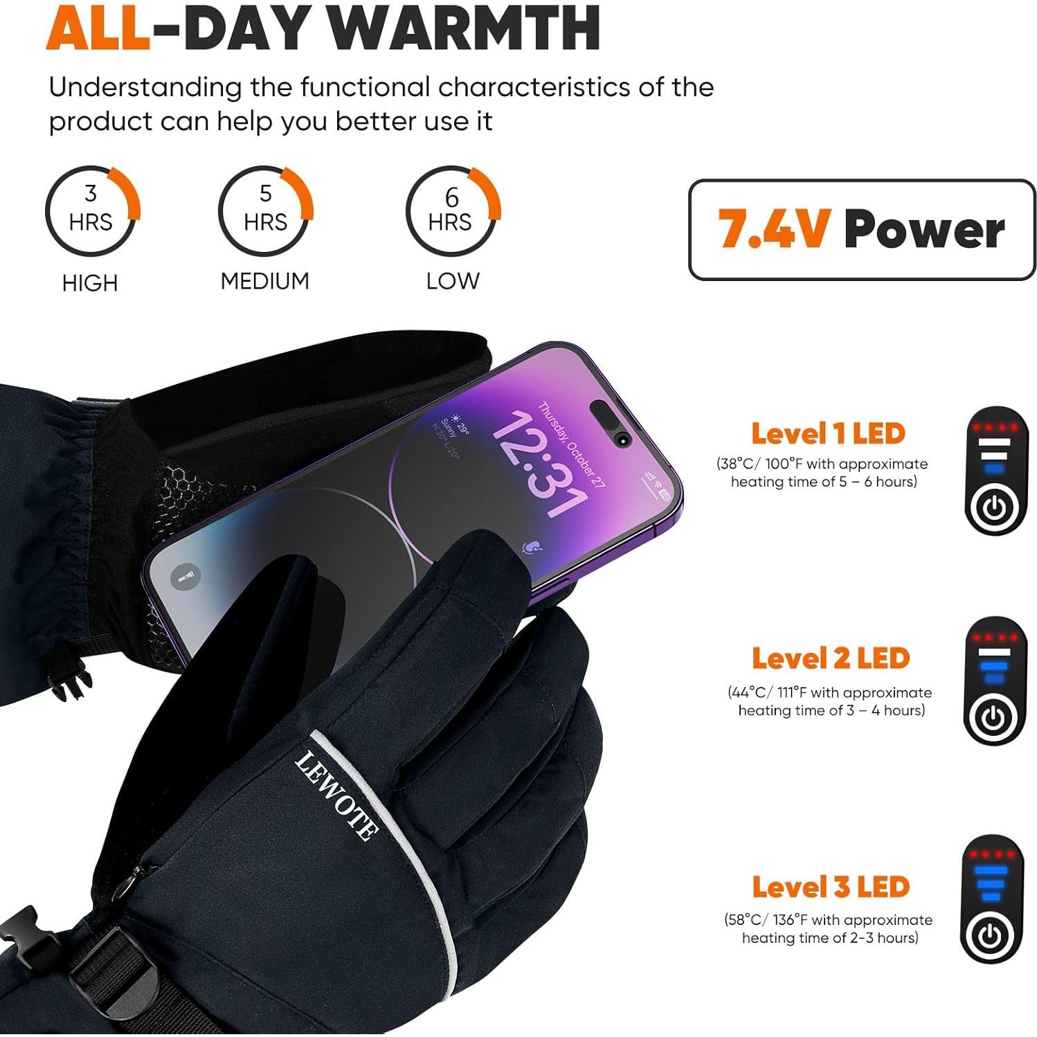 Guantes Calentados LEWOTE XL Impermeables Táctiles para Esquí