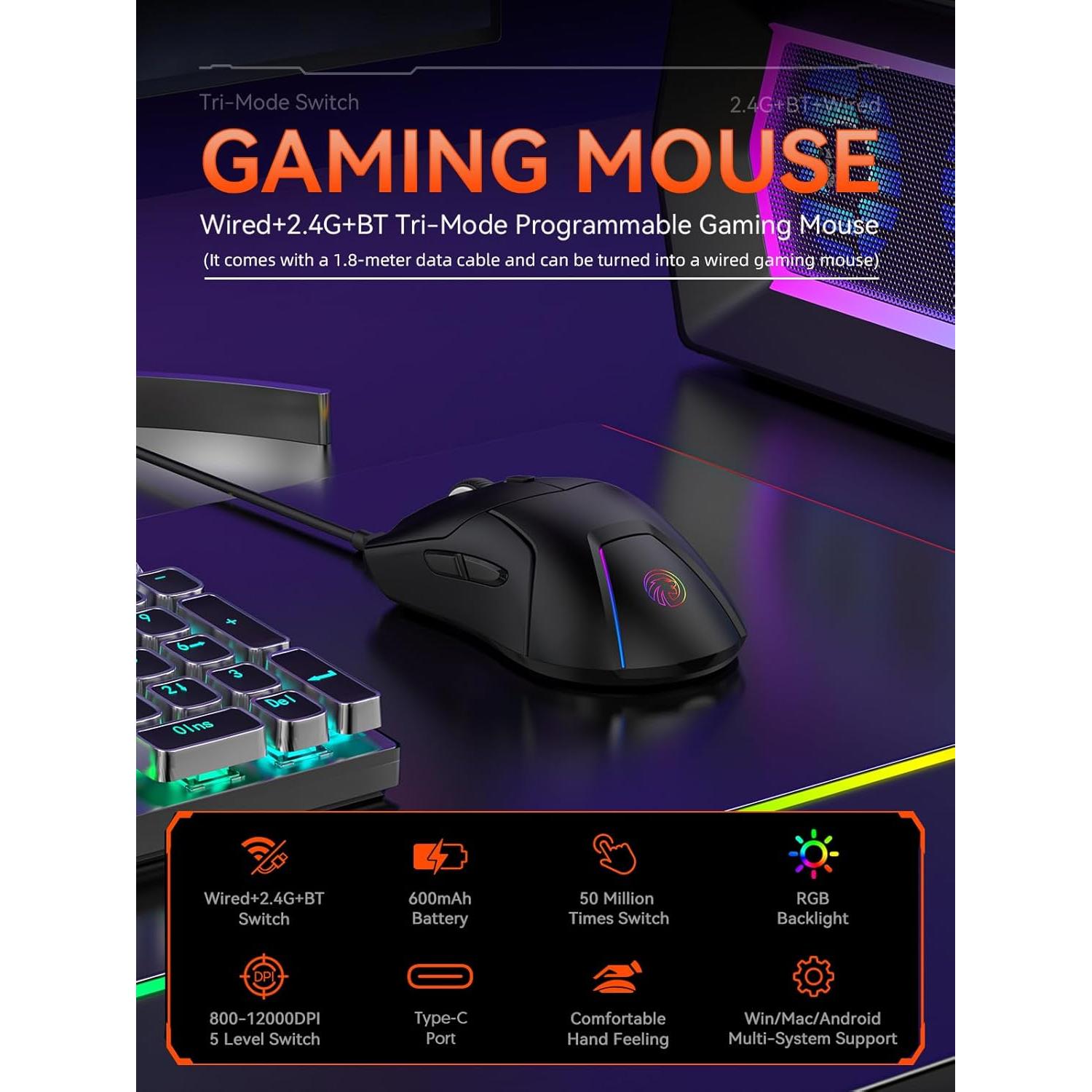 Ratón Gaming Inalámbrico FMOUSE M501 12000 DPI RGB Negro