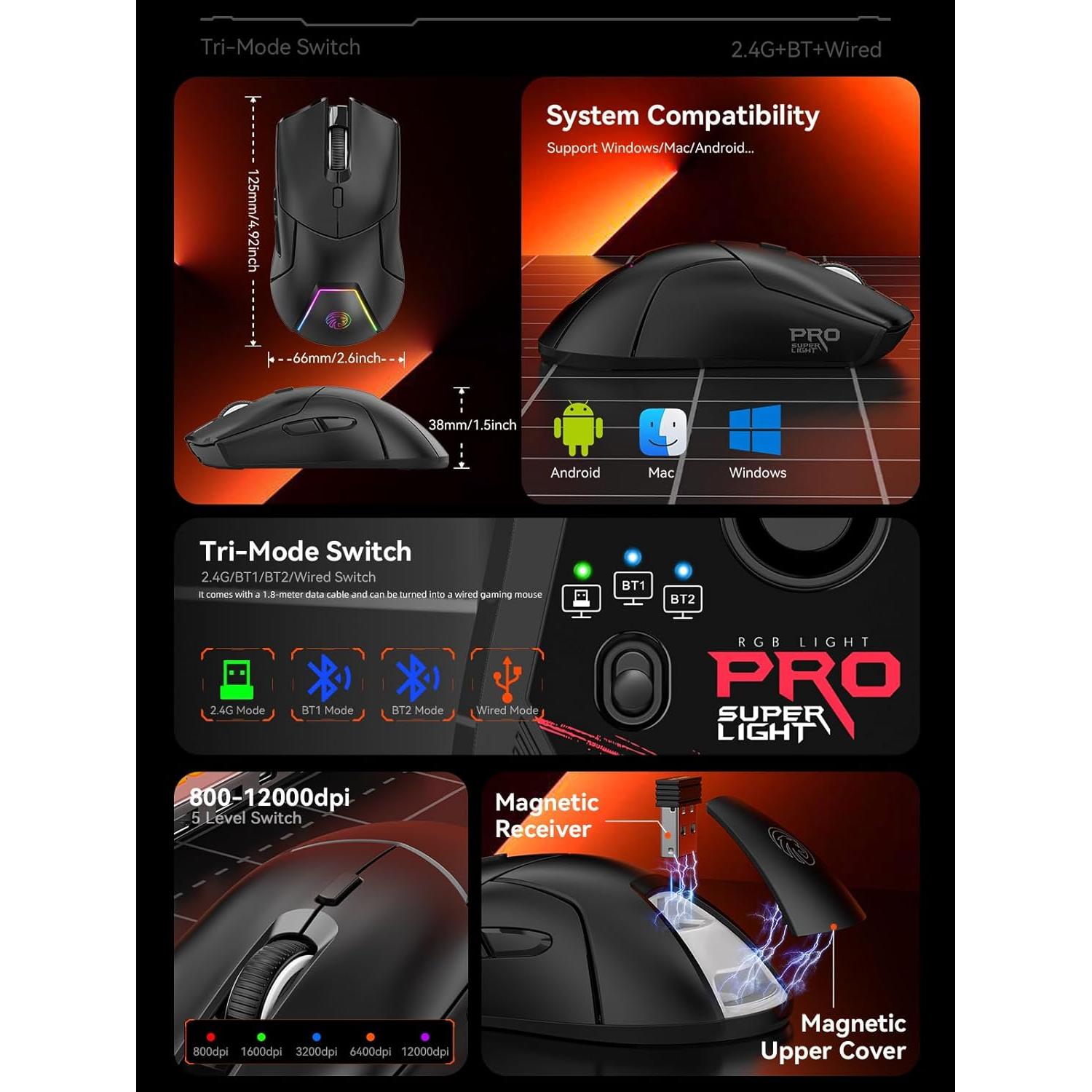 Ratón Gaming Inalámbrico FMOUSE M501 12000 DPI RGB Negro