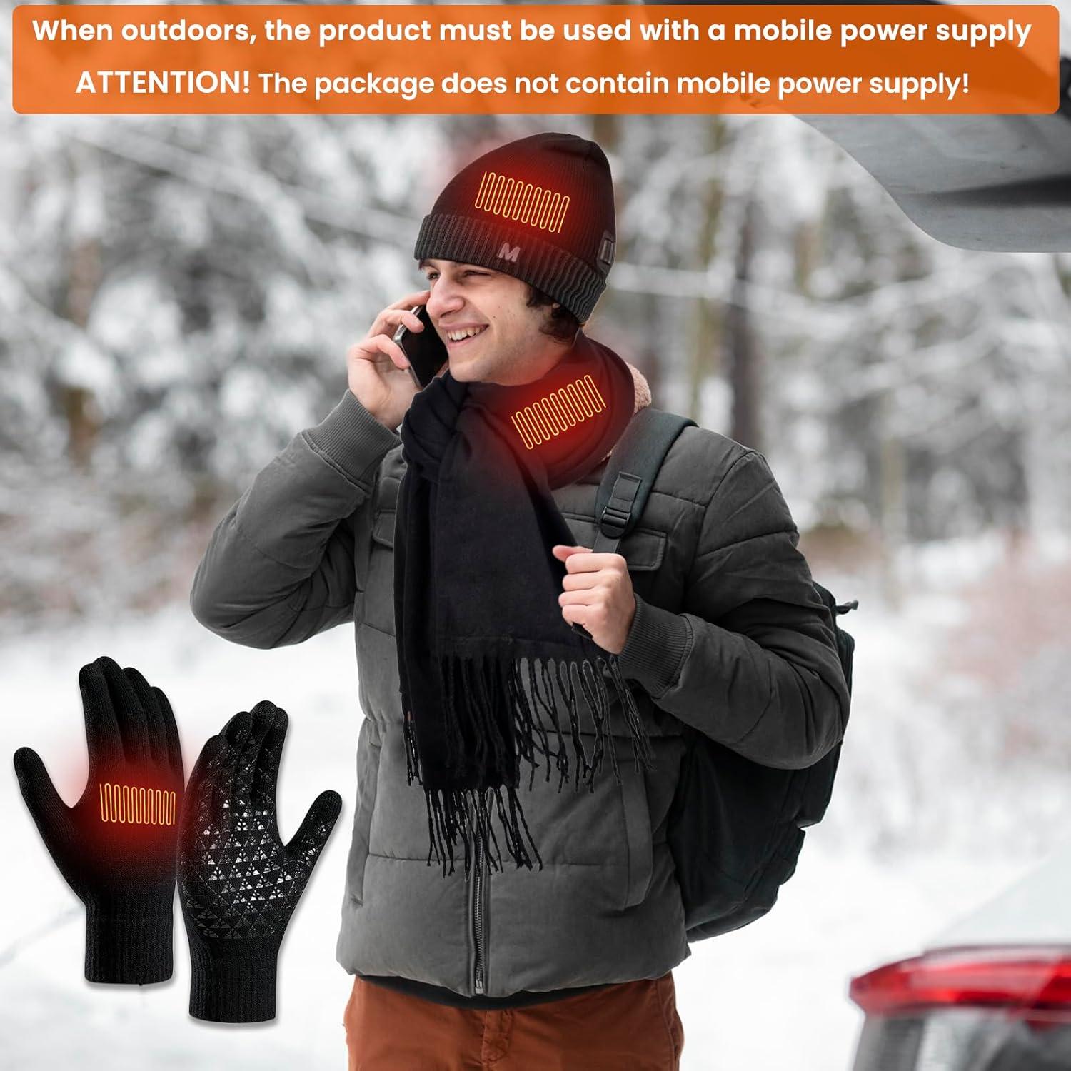 Conjunto calefactable USB Gorro Bufanda Guantes Negro