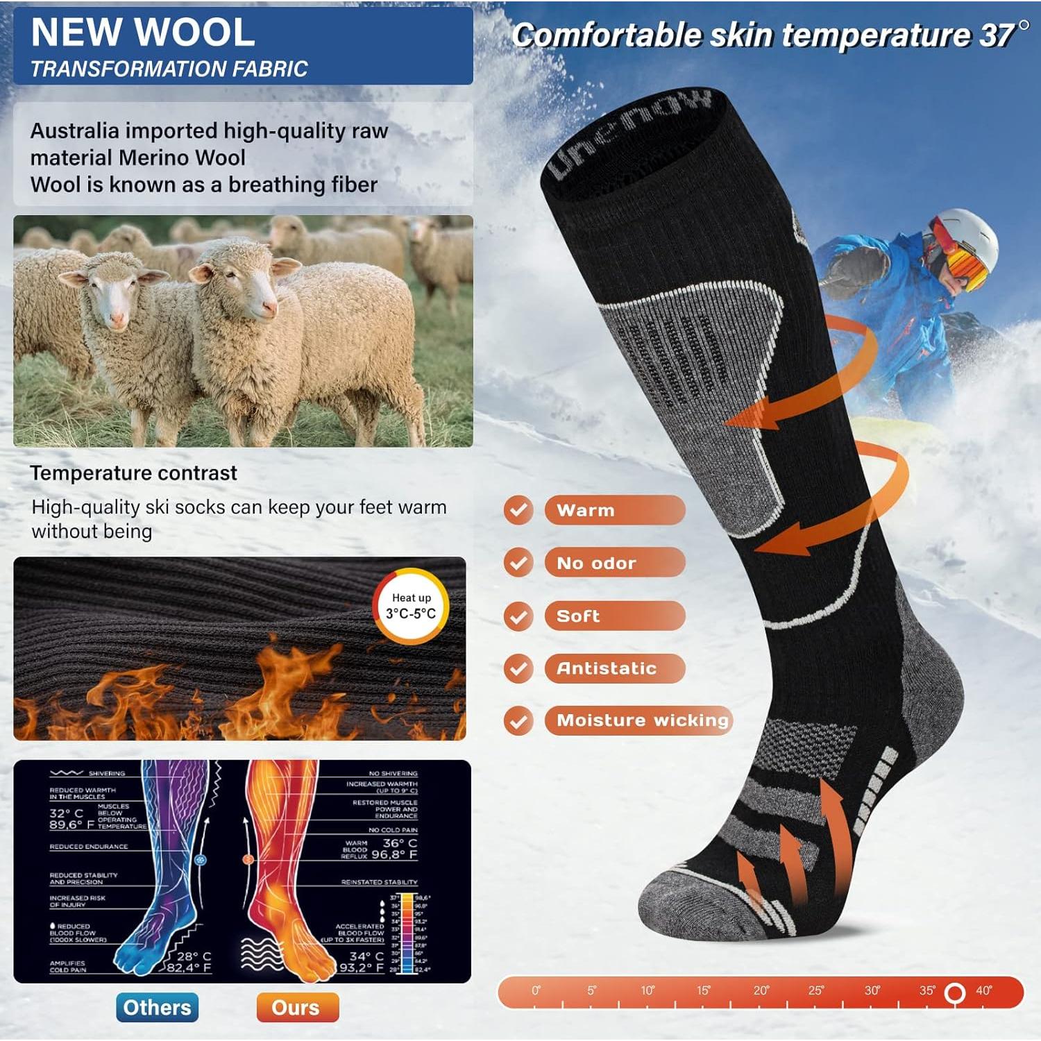 Calcetines Térmicos de Esquí Merino 2 Pares Negros - USKI001