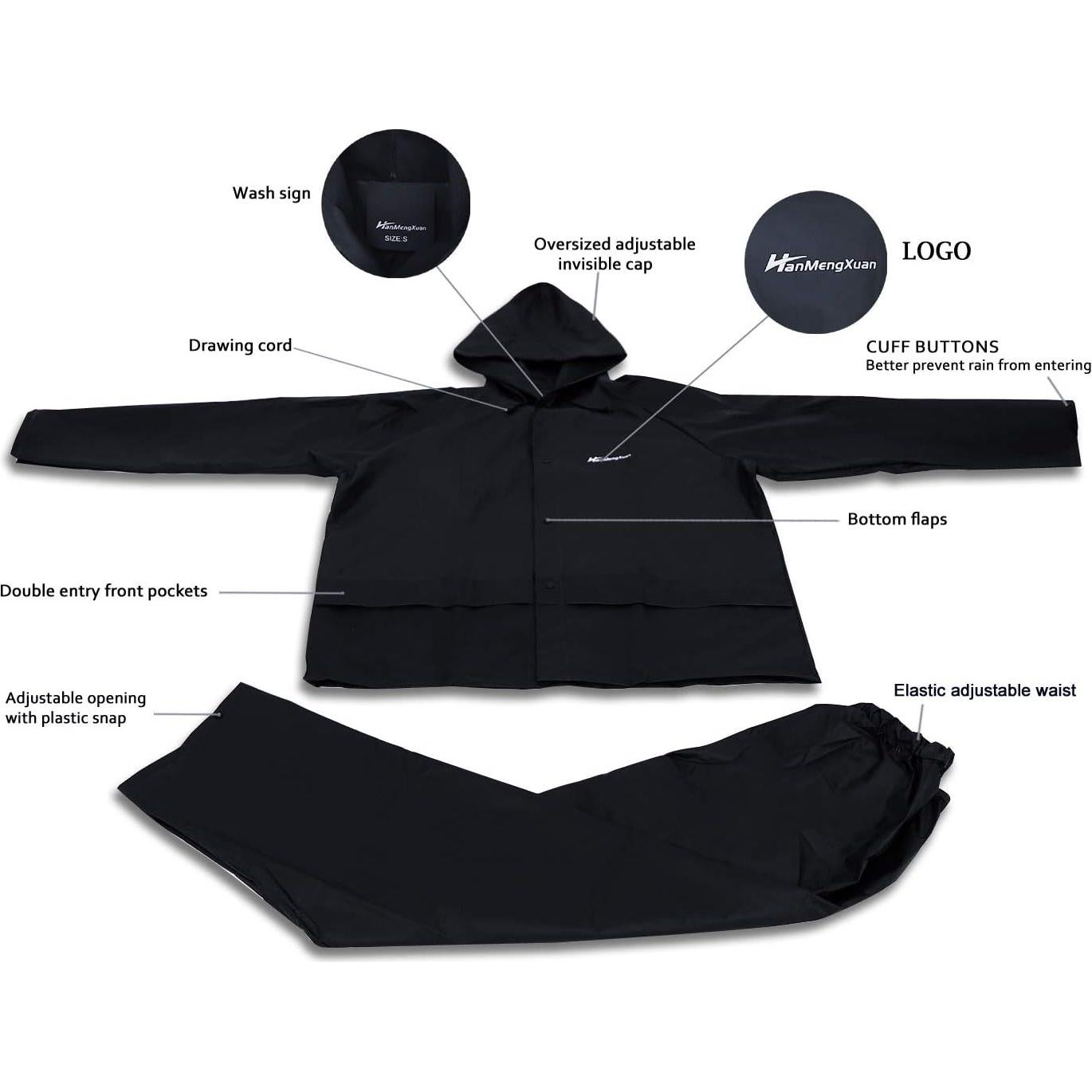 Traje de Lluvia Impermeable Unisex HANMENGXUAN Grande Negro