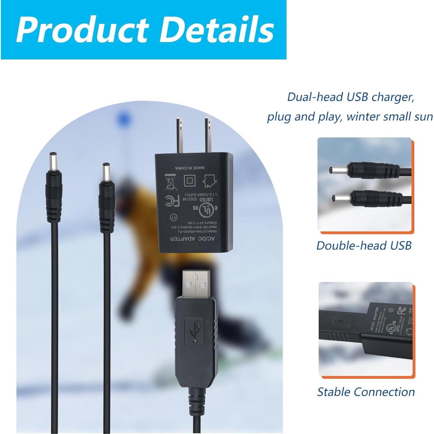 Cargador Doble USB-DC 8.4V AIZYSY para Guantes y Calcetines Térmicos