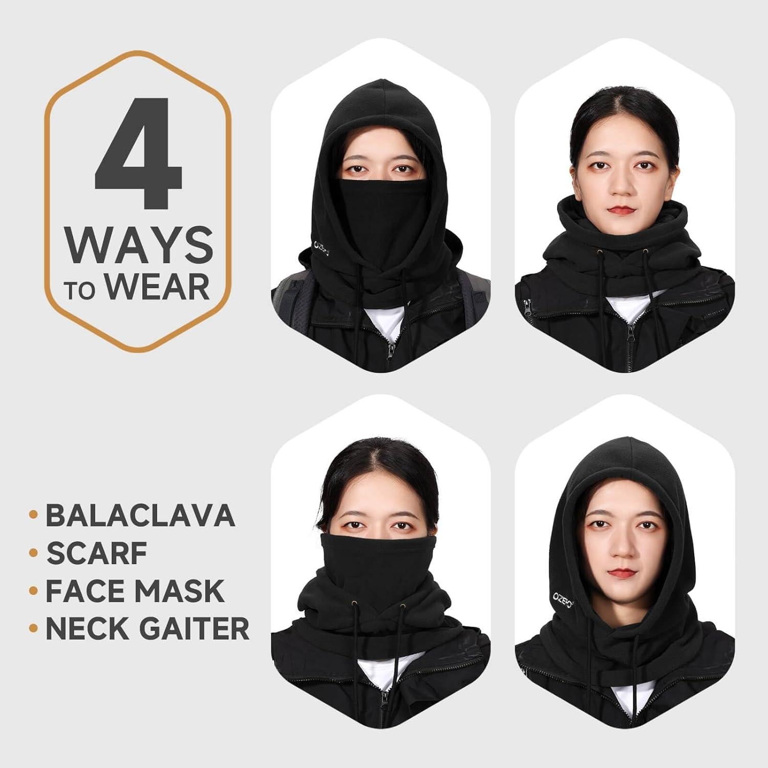 Balaclava OZERO de Forro Polar Térmico para Invierno - 2 Pack Negro y Gris