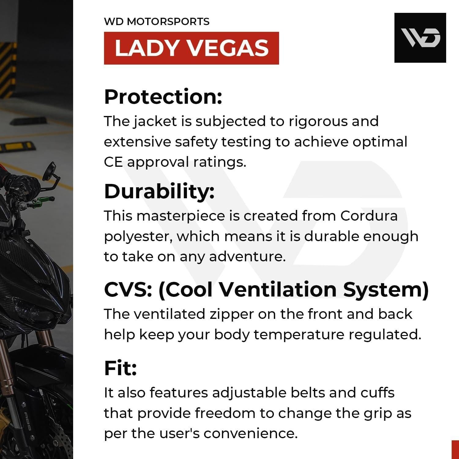 Chaqueta de motocicleta WD Vegas Lady para mujeres - Impermeable, Ajuste Slim, CE