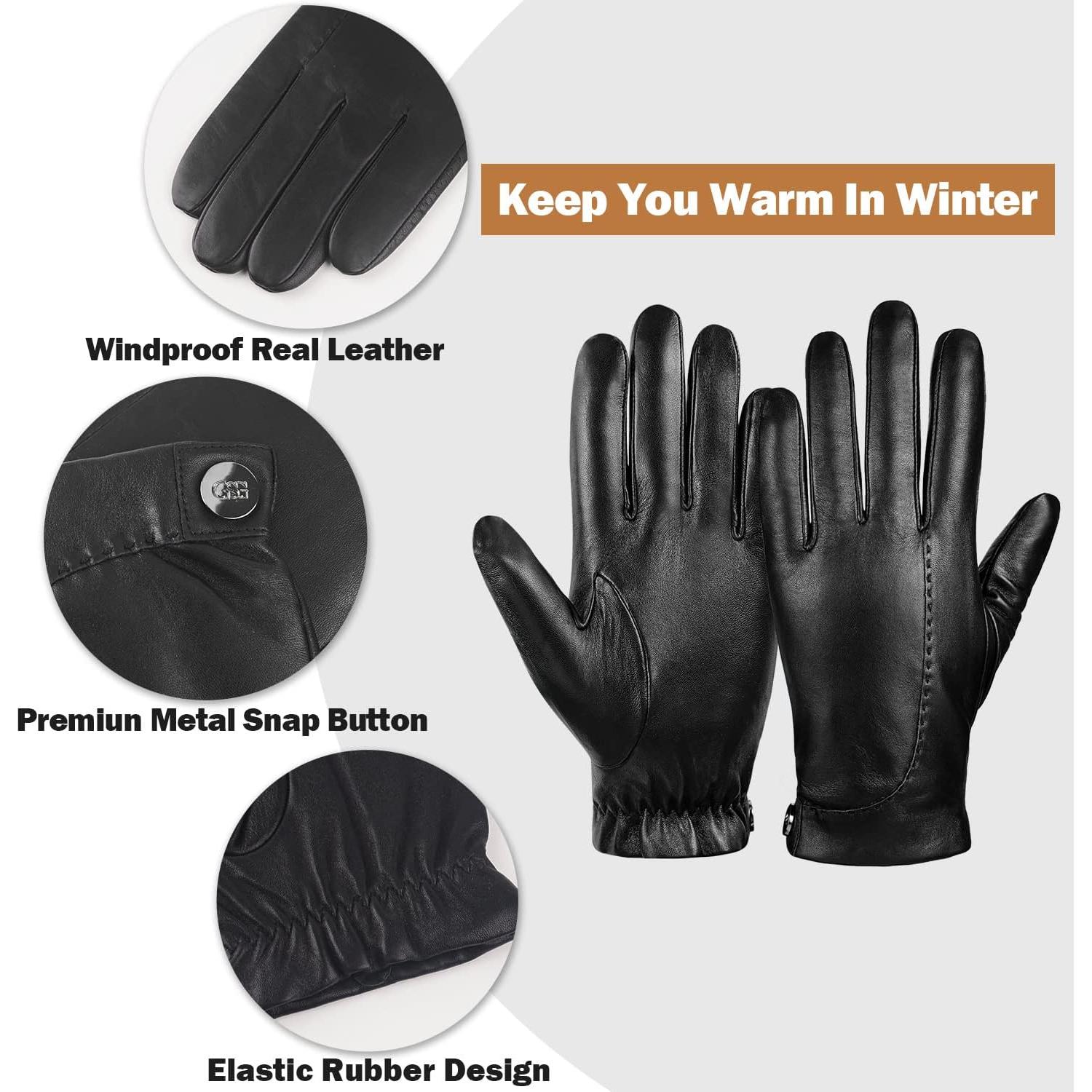 Guantes de cuero GSG para hombre - Invierno, pantalla táctil, negro