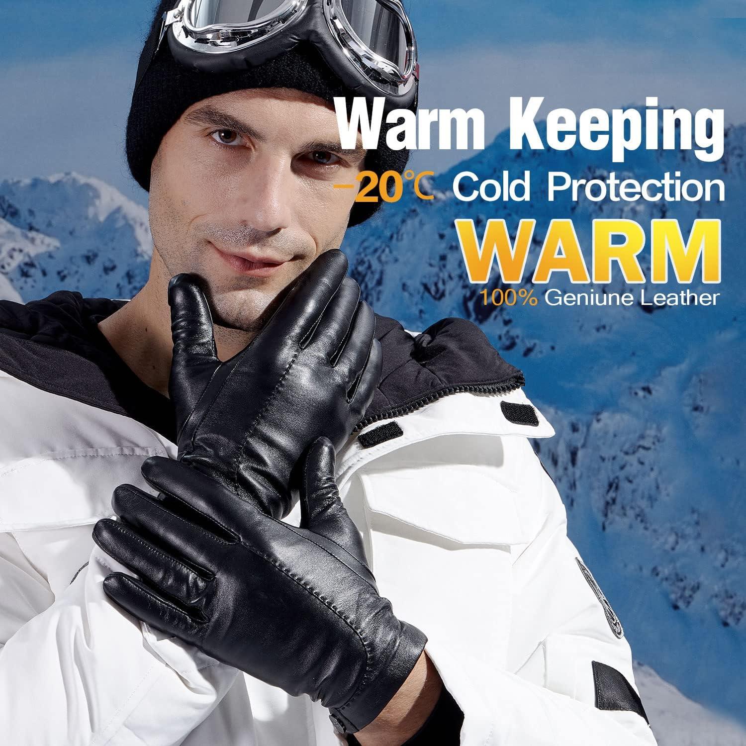 Guantes de cuero GSG para hombre - Invierno, pantalla táctil, negro
