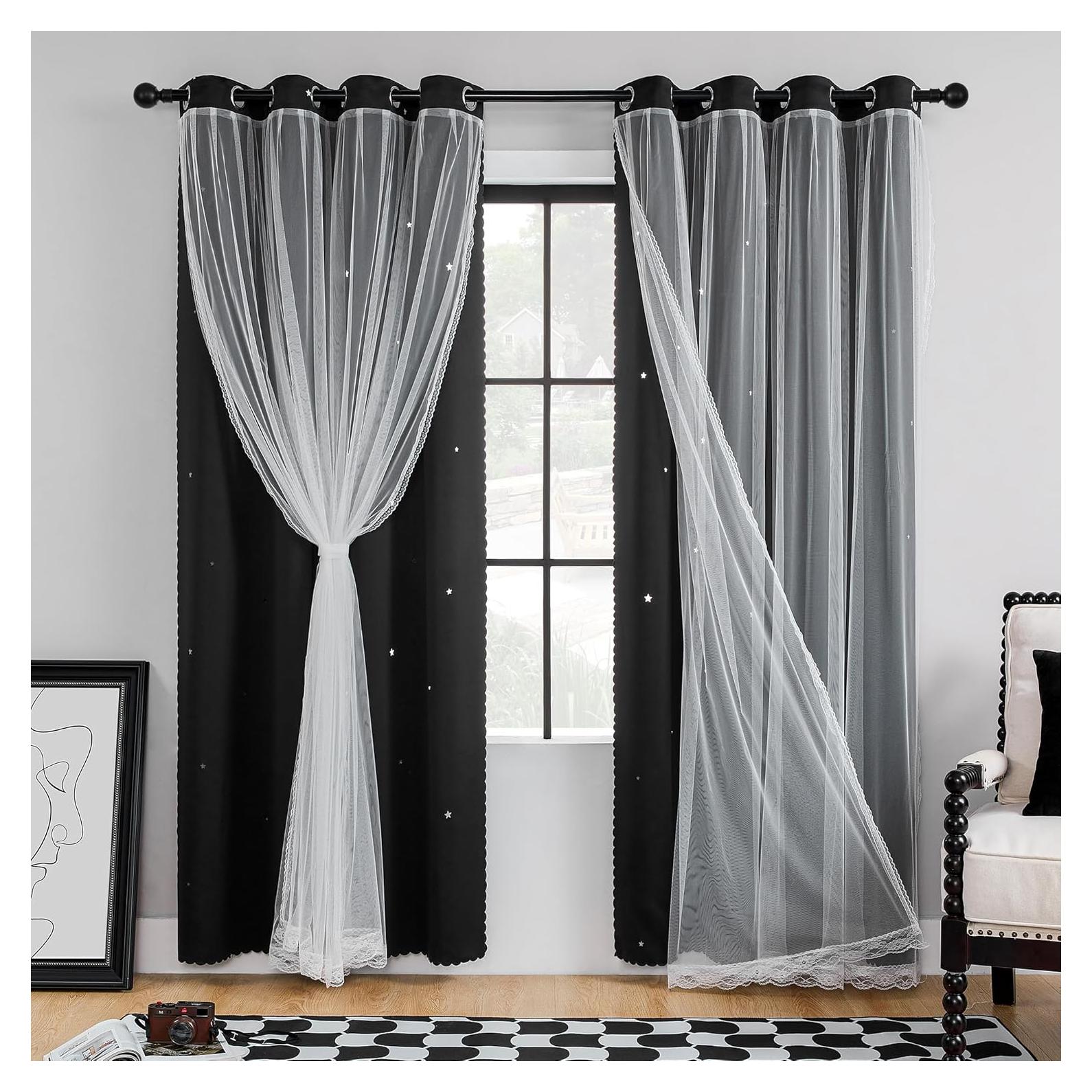 XiDi Black 63x34in Curtain for Bedroom, Girls Room Decor, Living Room, 1 Panel, Blackout Curtains with Laser Cutout Stars, Grommet Top, Washable