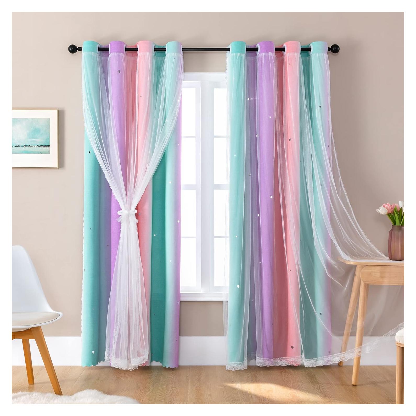 Cortina Opaca XiDi Arcoíris para Niñas 34x72 Rosa Verde