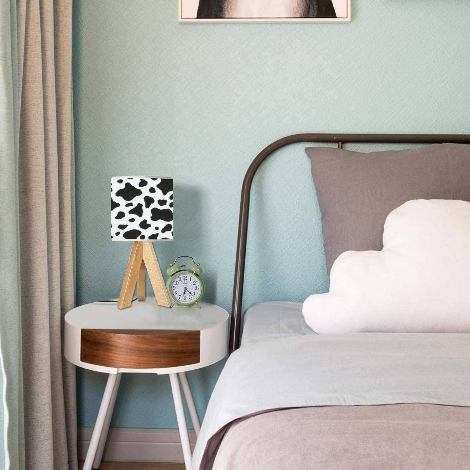 Lámpara de Mesa de Noche Tripode Madera y Tela Lino Blanca 37cm