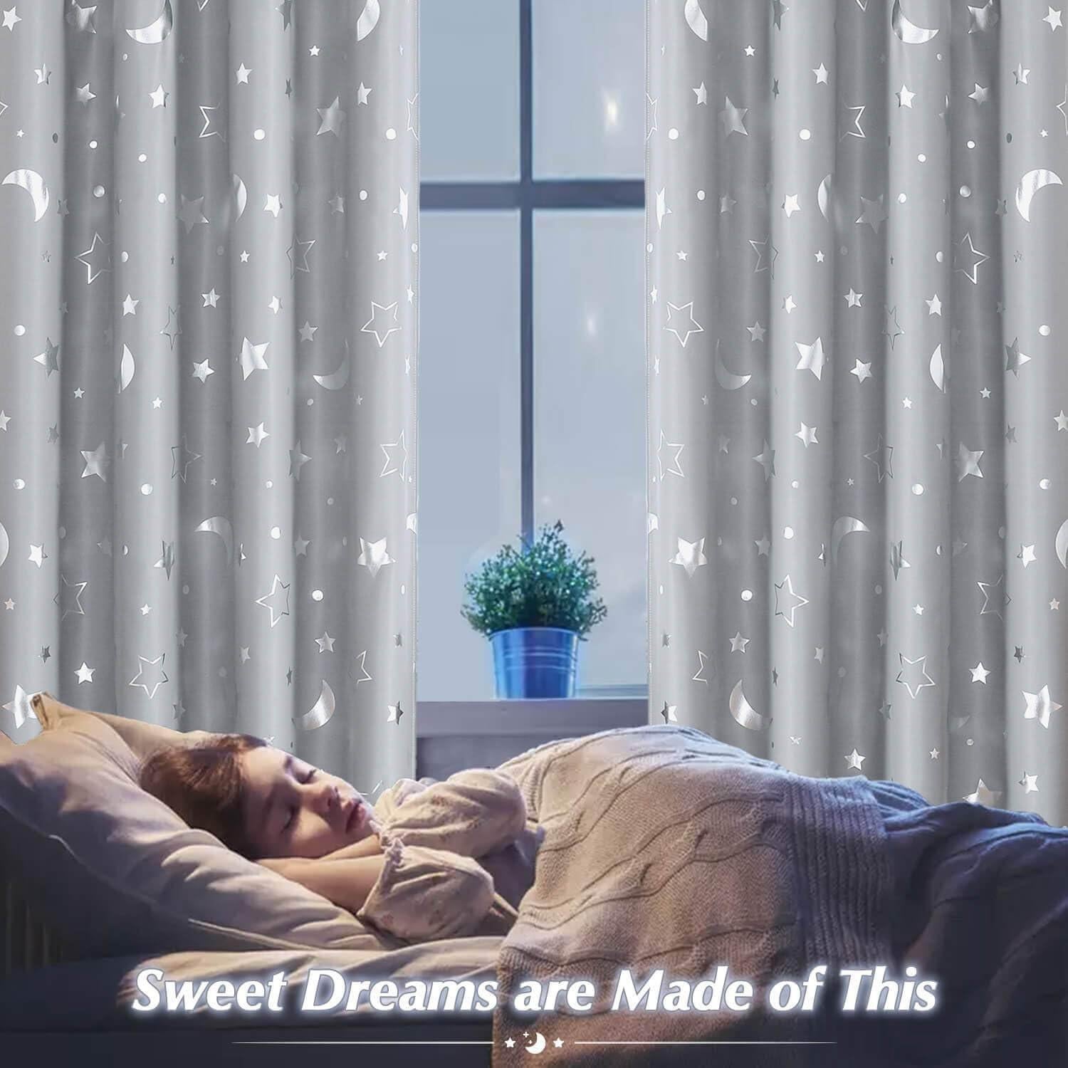 Cortinas Opacas Grises WUBODTI 132.1x114.3 cm 2 Paneles Estrellas