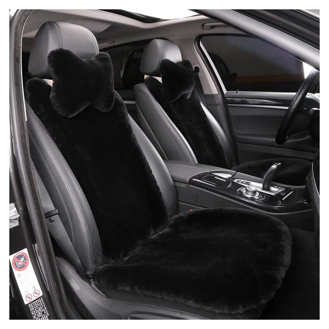 2 Pack Fuzzy Fluffy Fur Sheepskin Car Seat Covers for Auto Soft Cozy Wool Universal Seat Cushion Accessories Automobiles (Black)