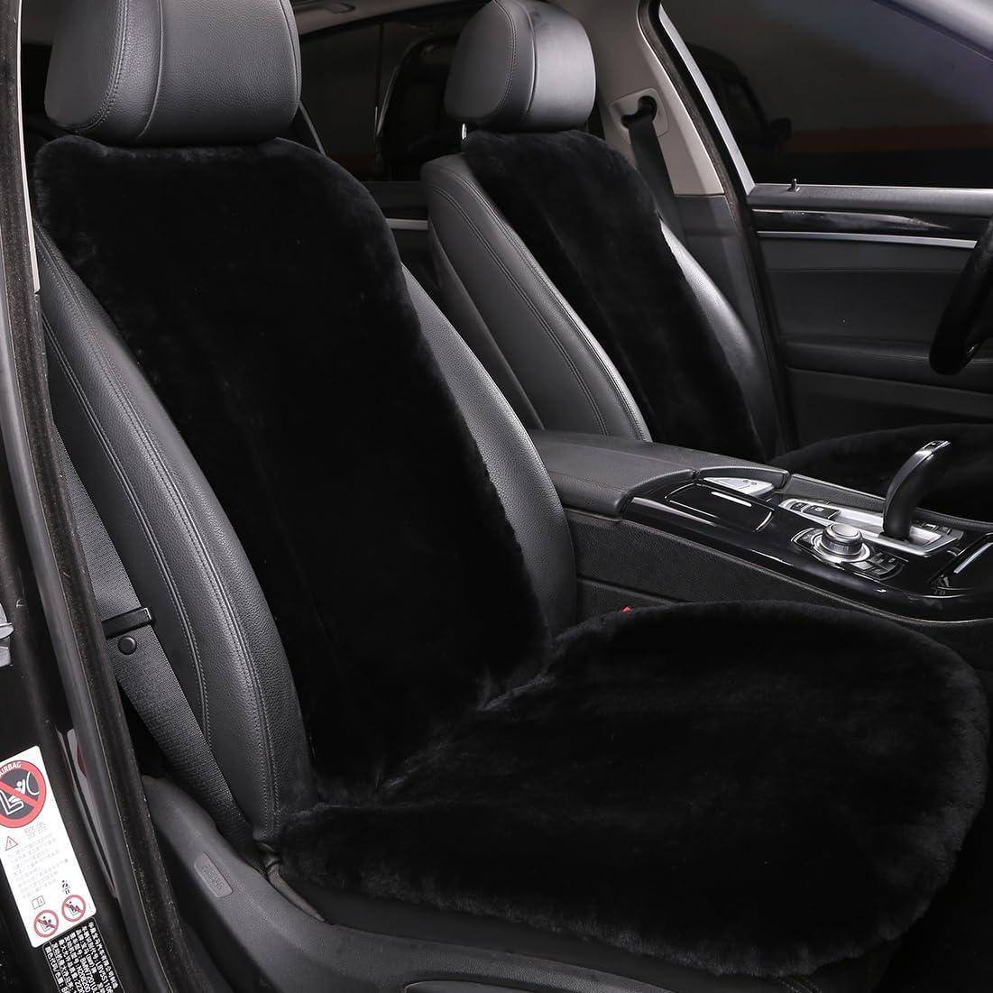 2 Pack Fuzzy Fluffy Fur Sheepskin Car Seat Covers for Auto Soft Cozy Wool Universal Seat Cushion Accessories Automobiles (Black)