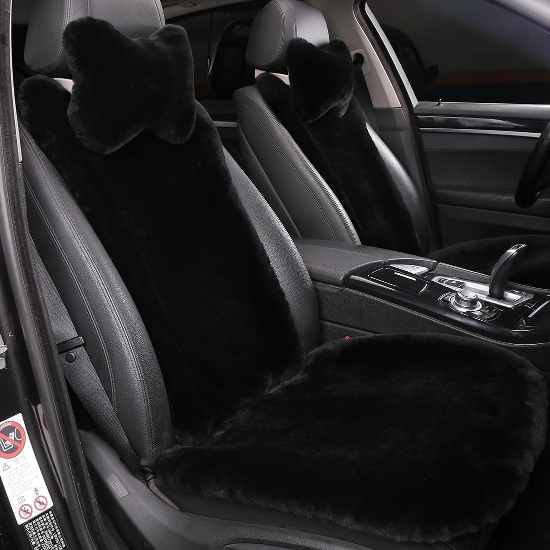 2 Pack Fuzzy Fluffy Fur Sheepskin Car Seat Covers for Auto Soft Cozy Wool Universal Seat Cushion Accessories Automobiles (Black)