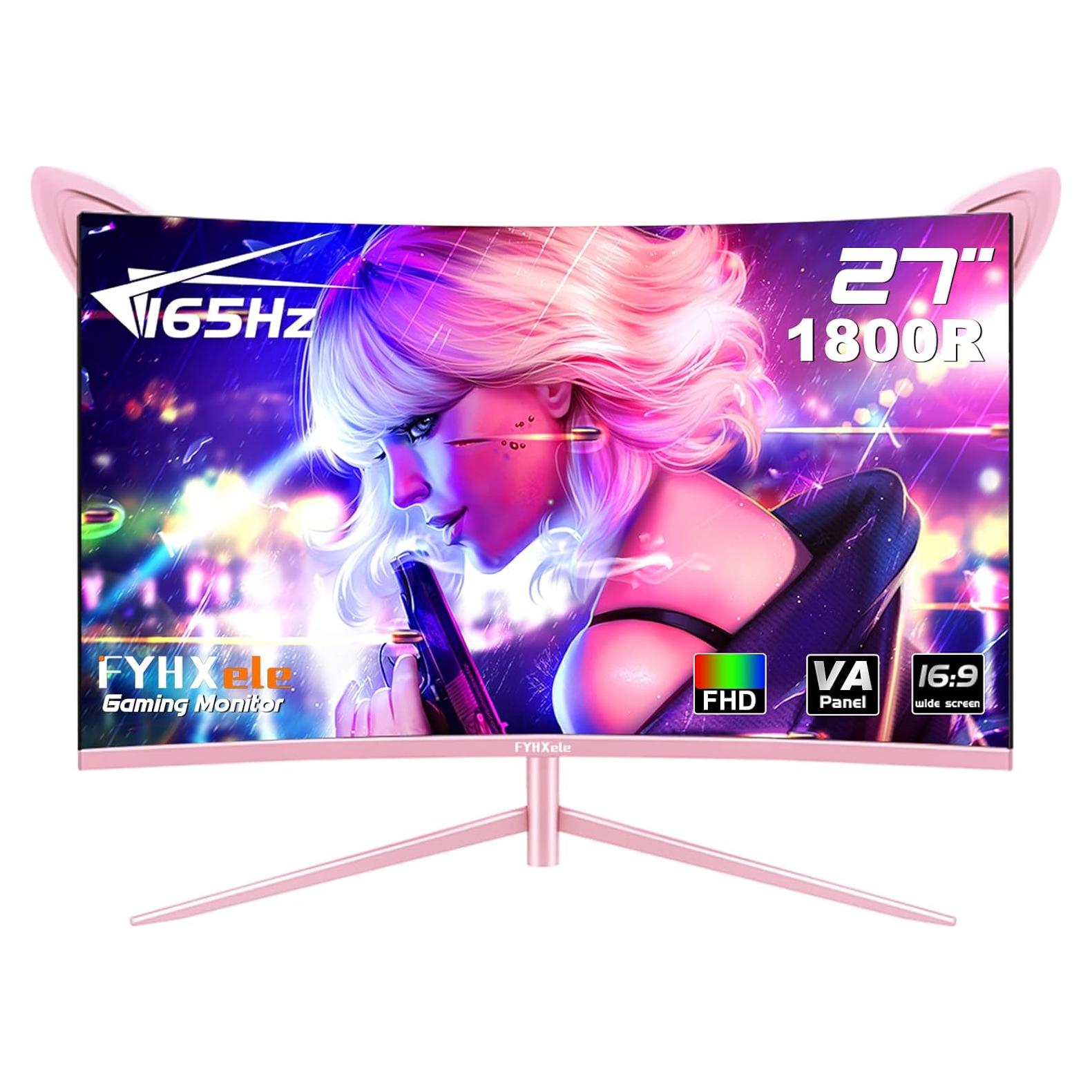 Monitor Curvo de Juegos FYHXele 27" FHD 165Hz Rosa