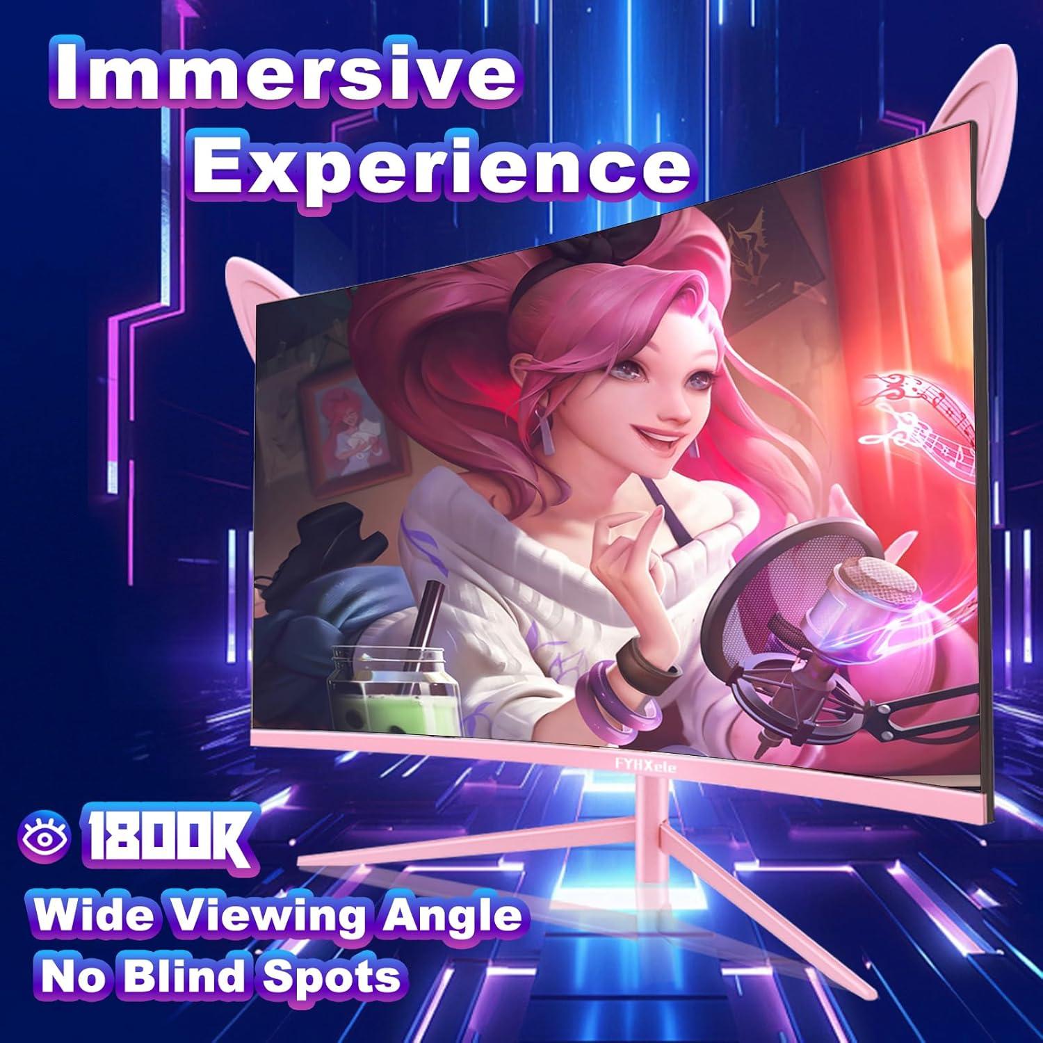 Monitor Curvo de Juegos FYHXele 27" FHD 165Hz Rosa
