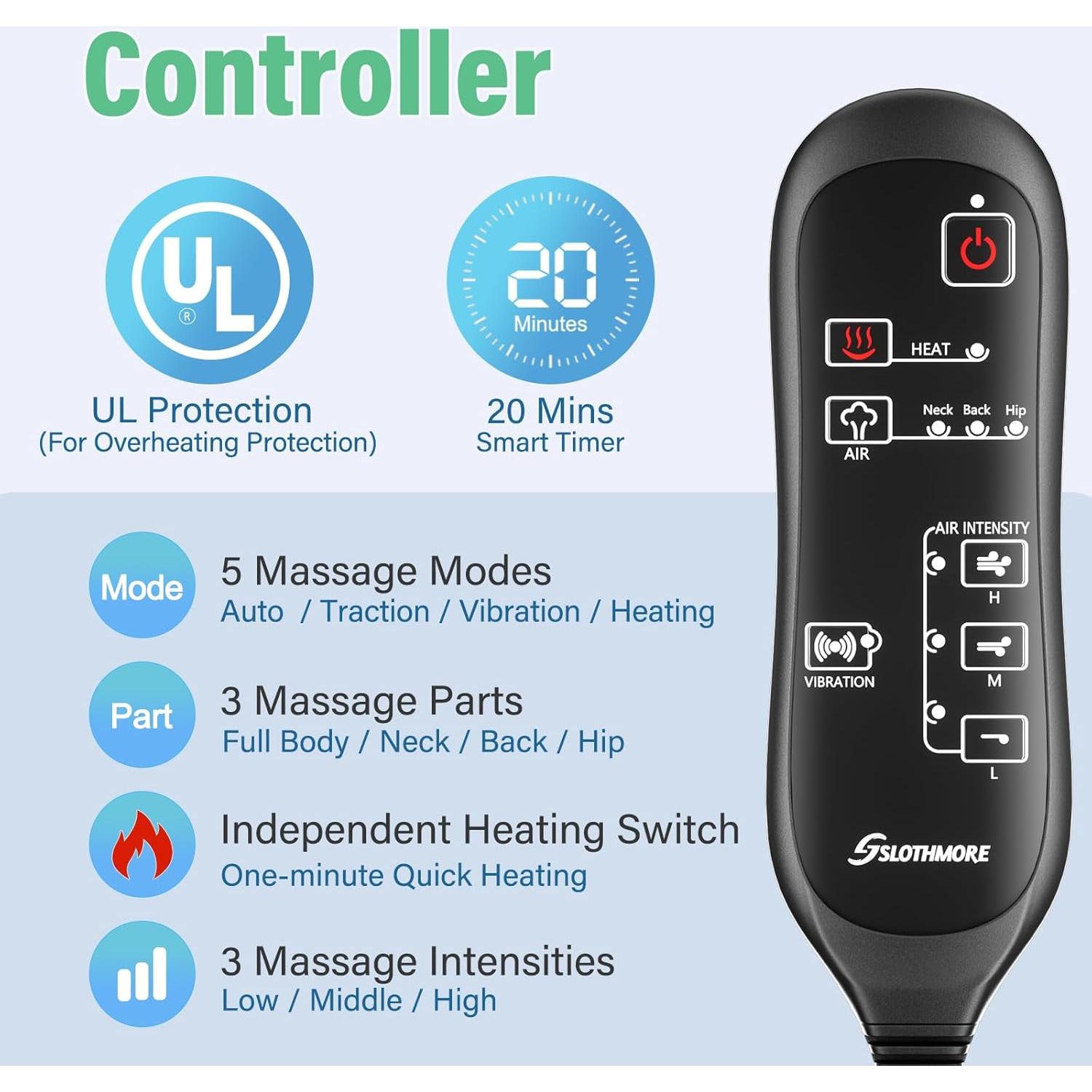 Masajeador de Espalda SLOTHMORE con Calor y Vibración 30x15cm