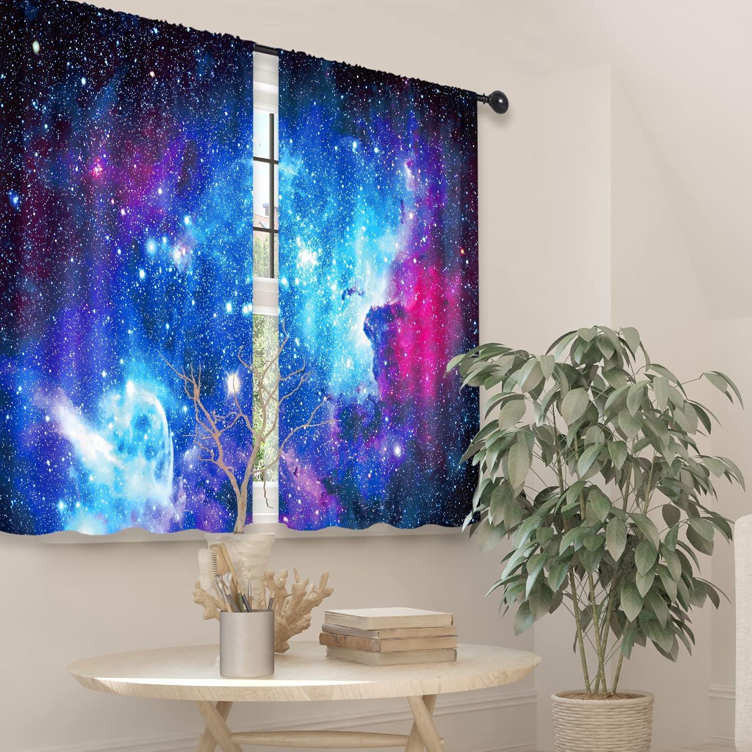 Cortinas de Cocina Riyidecor 2 Paneles 70x99 cm Azul Estrellado