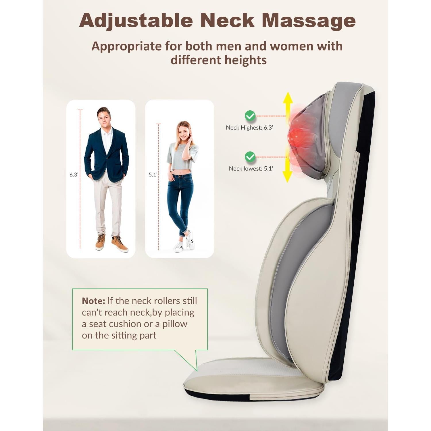 Shiatsu Neck Back Massager with Heat, 2025 Upgraded Massage Chiar Pad with Height Adjustment, Compression, Vibration, Full Body Seat Massager for Home, Office, Gifts for Men, Women