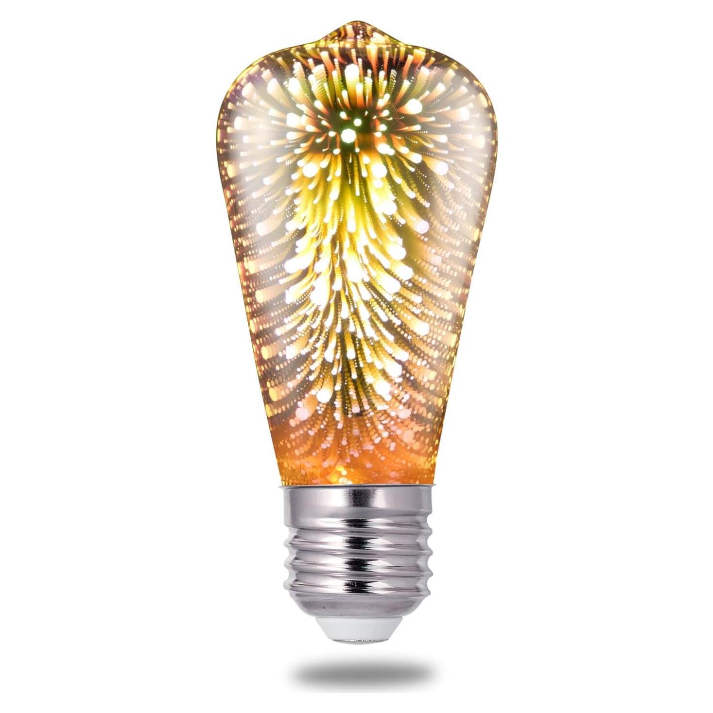 Porseme LED Light Bulb 3D Fireworks Decorative Glass ST19 Bulb, E26 Base, 4W, AC100-240V, Soft Warm Light, Romantic Decor for Home, Bedroom, Party