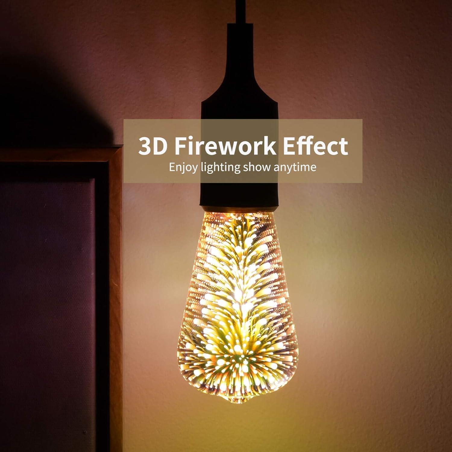 Porseme LED Light Bulb 3D Fireworks Decorative Glass ST19 Bulb, E26 Base, 4W, AC100-240V, Soft Warm Light, Romantic Decor for Home, Bedroom, Party