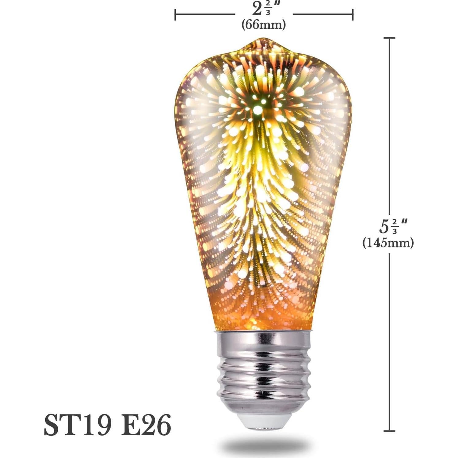 Porseme LED Light Bulb 3D Fireworks Decorative Glass ST19 Bulb, E26 Base, 4W, AC100-240V, Soft Warm Light, Romantic Decor for Home, Bedroom, Party