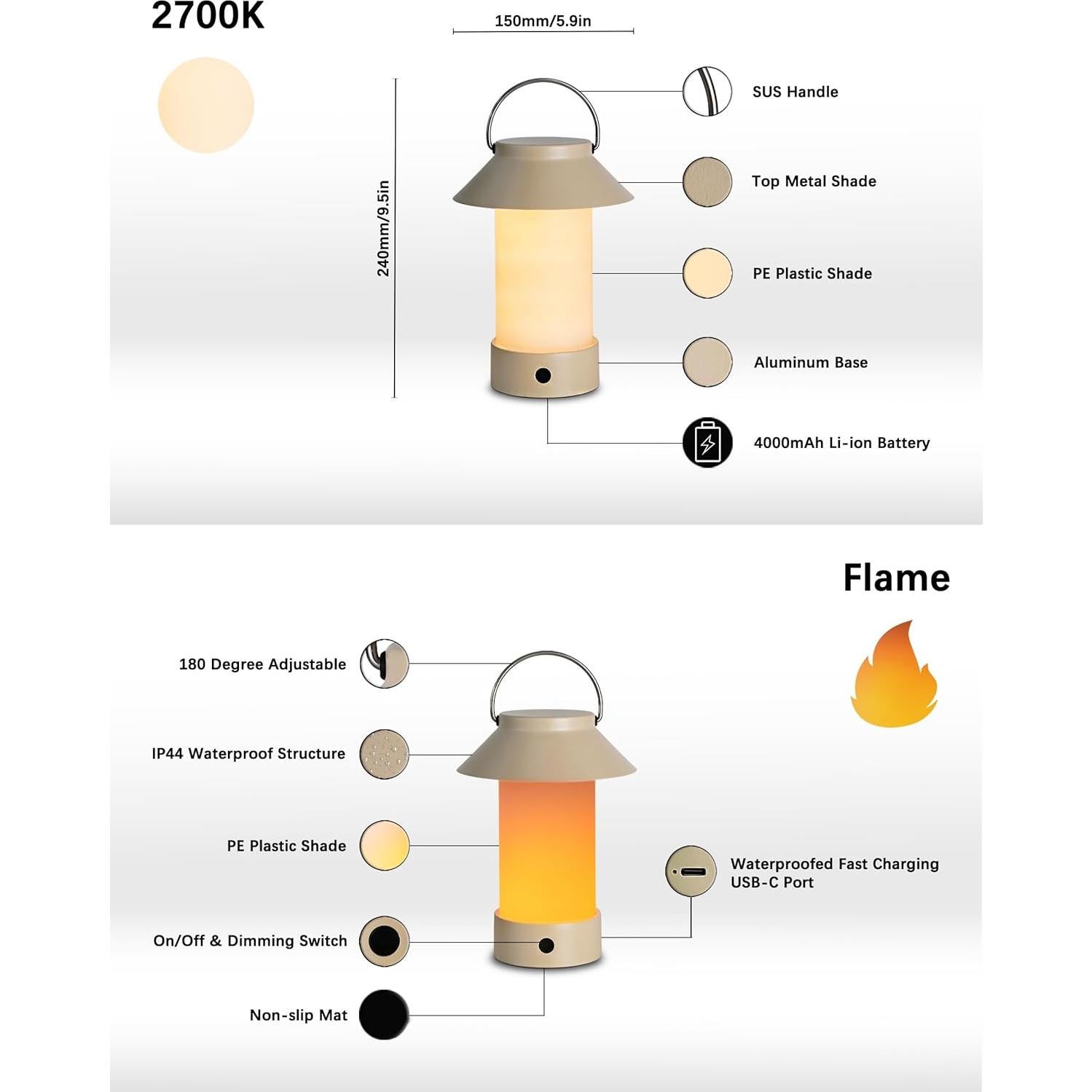 Lámpara de Mesa Inalámbrica Recargable Efecto Llama Café