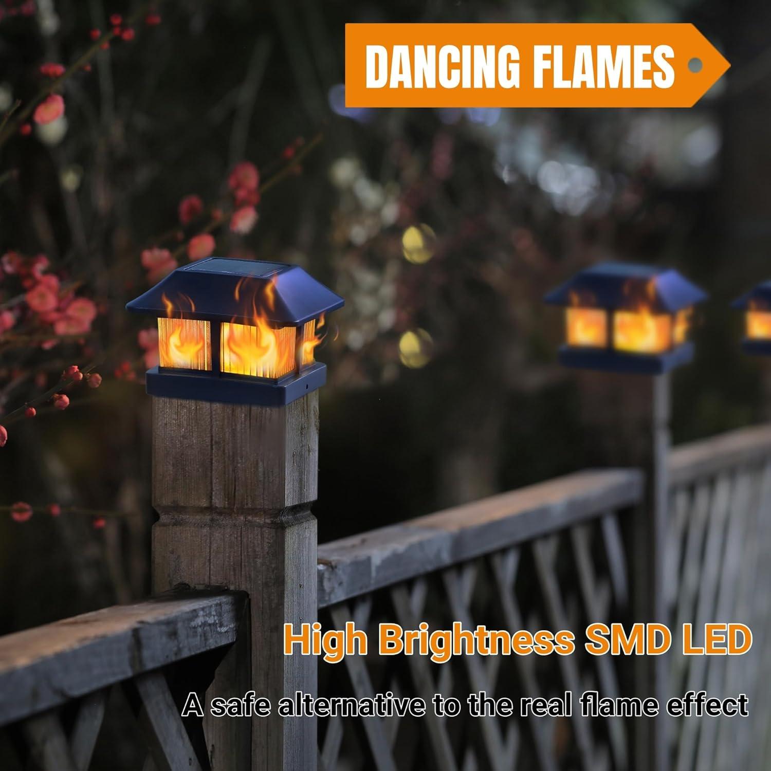 Dynaming Solar Flame Post Cap Lights Outdoor, Solar Powered Fence Post Light, Flickering Flame LED Lantern Lamps Waterproof for Garden Deck Patio, Fit 4x4, 5x5 or 6x6 Vinyl/Wooden Posts, 8 Pack