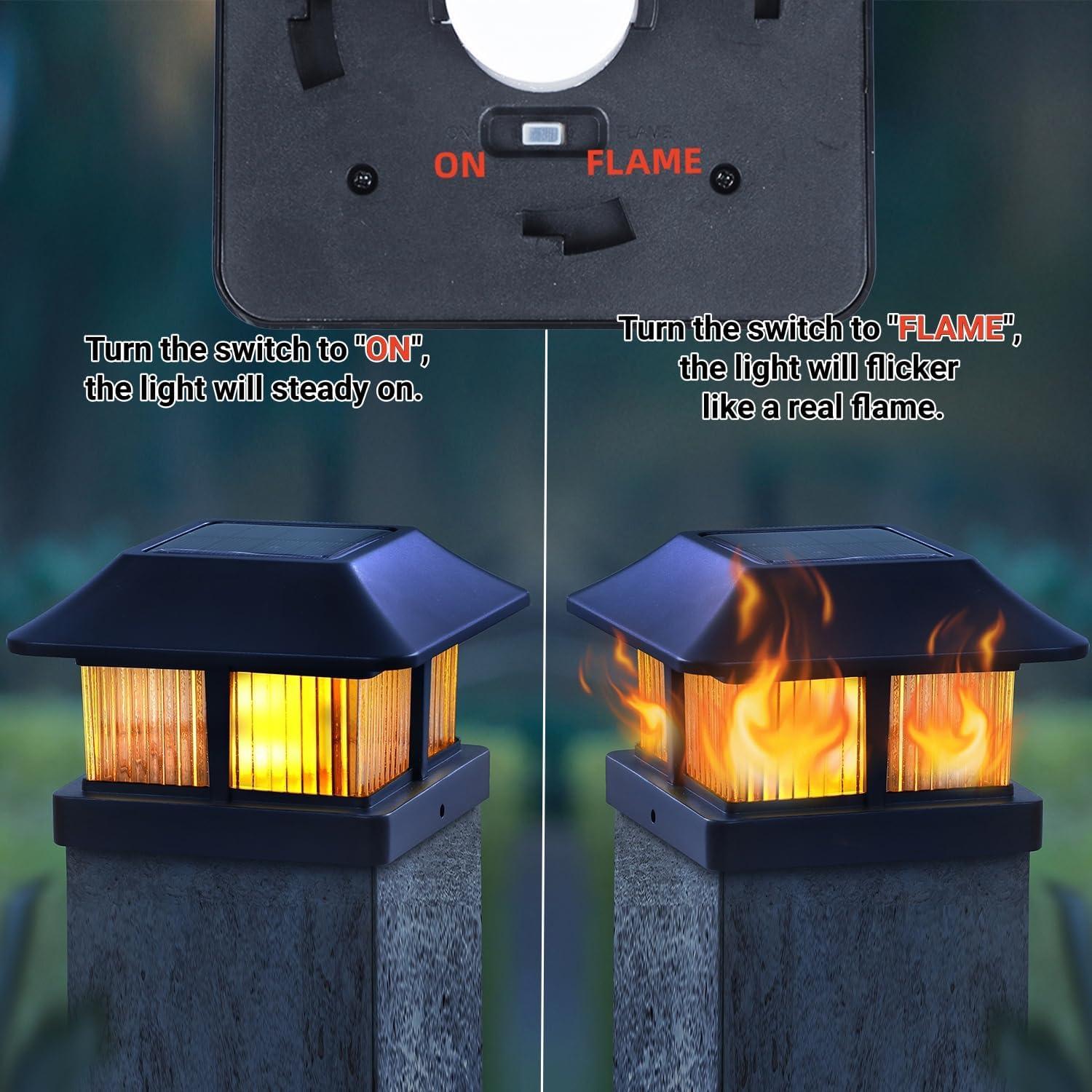 Dynaming Solar Flame Post Cap Lights Outdoor, Solar Powered Fence Post Light, Flickering Flame LED Lantern Lamps Waterproof for Garden Deck Patio, Fit 4x4, 5x5 or 6x6 Vinyl/Wooden Posts, 8 Pack