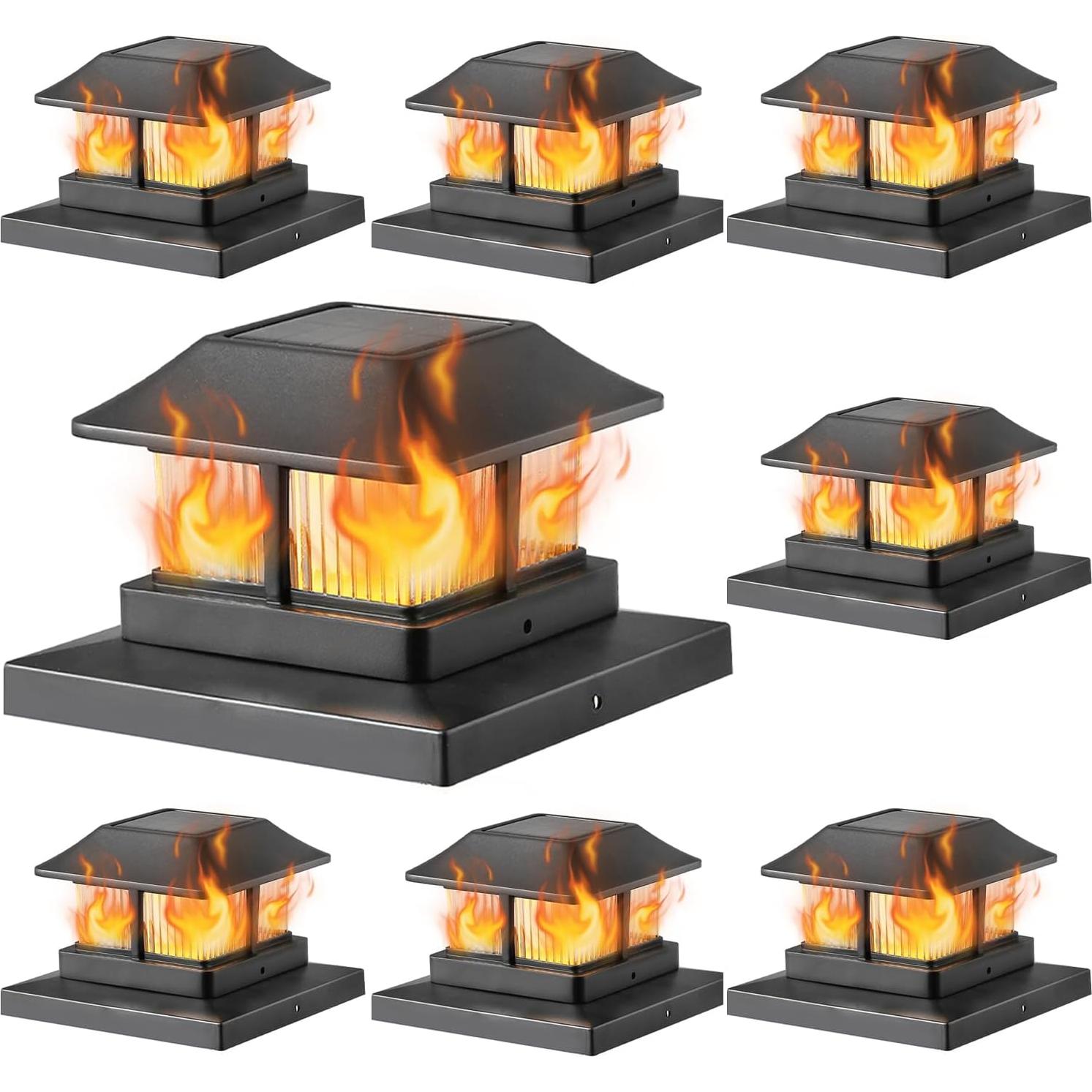 Dynaming Solar Flame Post Cap Lights Outdoor, Solar Powered Fence Post Light, Flickering Flame LED Lantern Lamps Waterproof for Garden Deck Patio, Fit 4x4, 5x5 or 6x6 Vinyl/Wooden Posts, 8 Pack