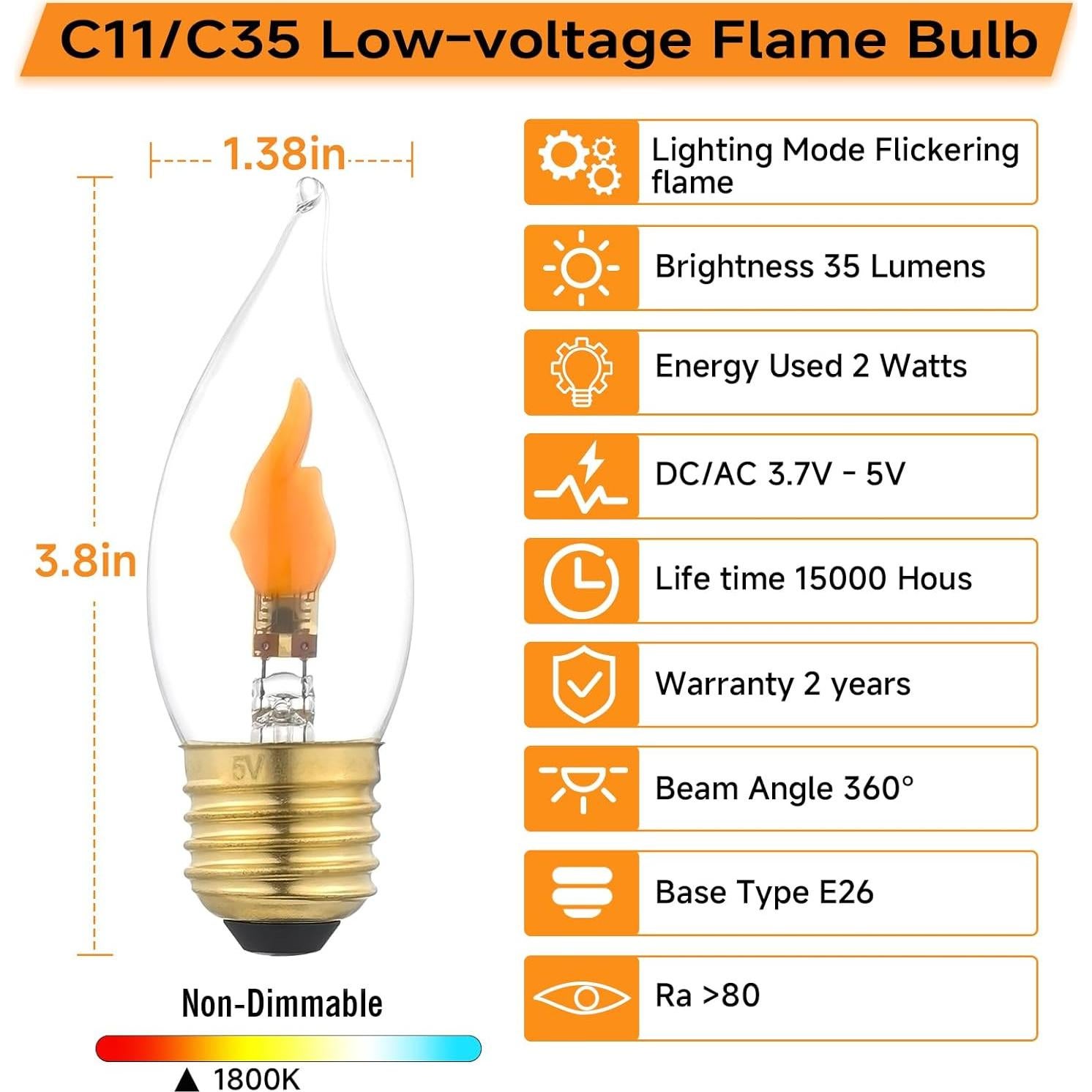 Bombilla LED de Llama C35 Xiaokalami E26 1800K 2W 2Pack