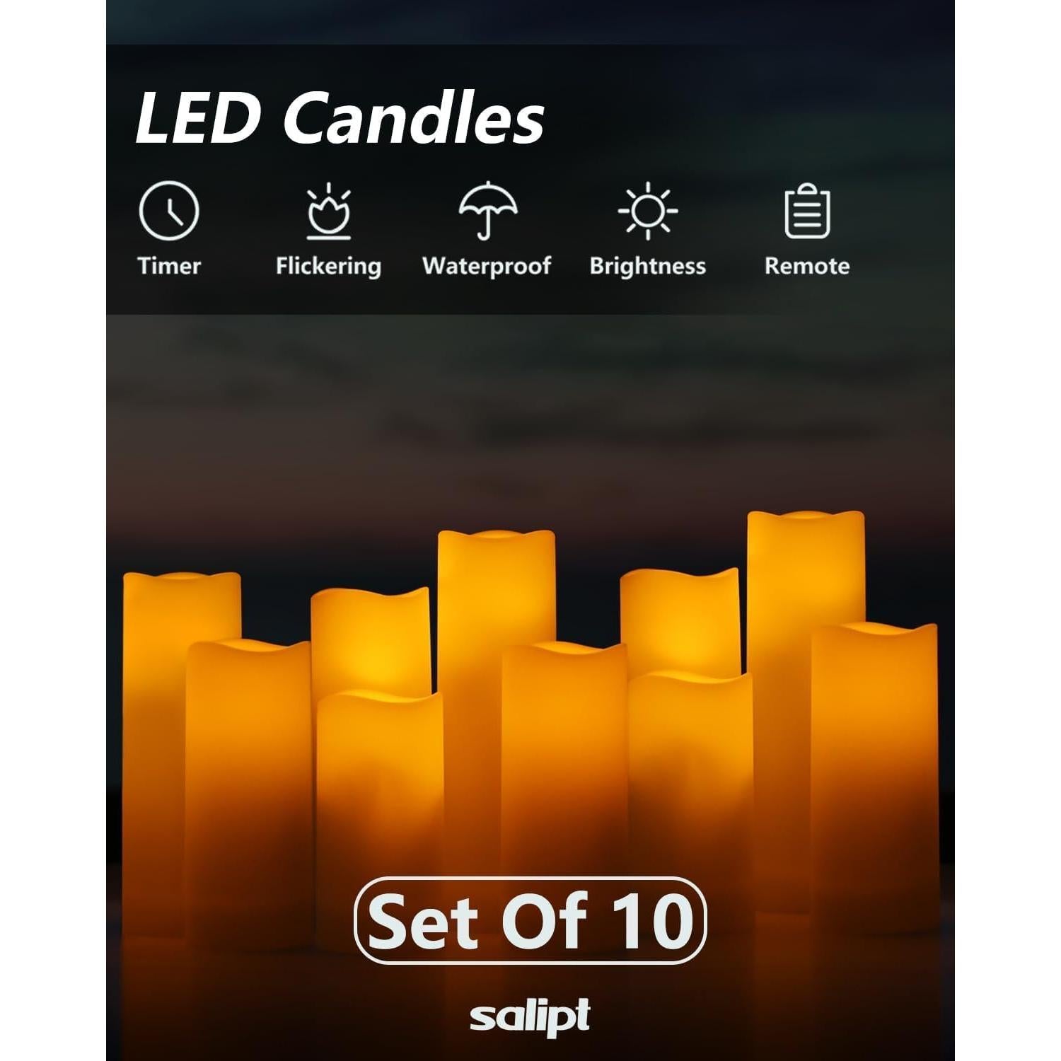 Juego de 10 Velas LED Parpadeantes Salipt - Marfil a Prueba de Agua