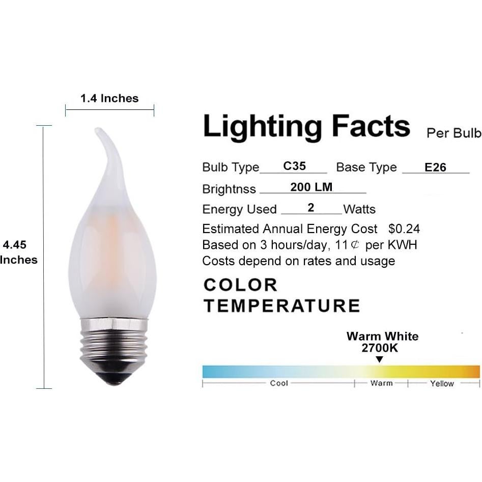Bombilla LED Candelabra Opalray 2W Regulable 2700K - Paquete de 5