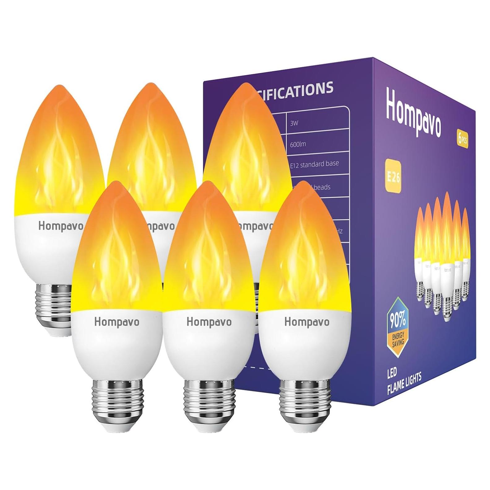 Bombillas LED de Llama Hompavo E26 - Paquete de 6, 3 Modos
