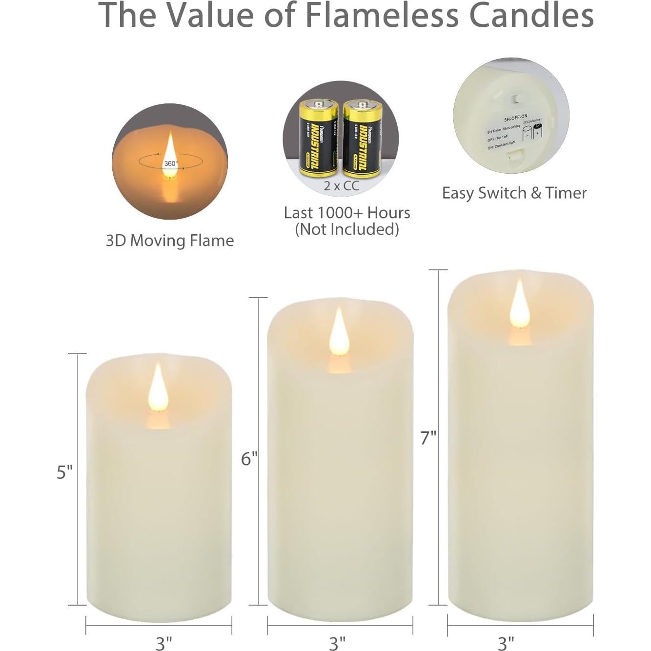 Set de 3 Velas LED Sin Llama TECHLONG 3D Marfil 5-7"