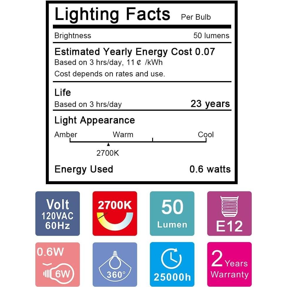Bombillas LED C7 Emotionlite E12 Ámbar 2200K 0.6W Paquete de 4