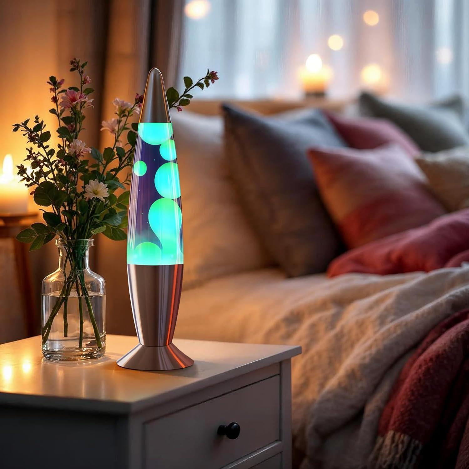 Lámpara Líquida Jambo 16" Azul con Cera Amarilla y Verde